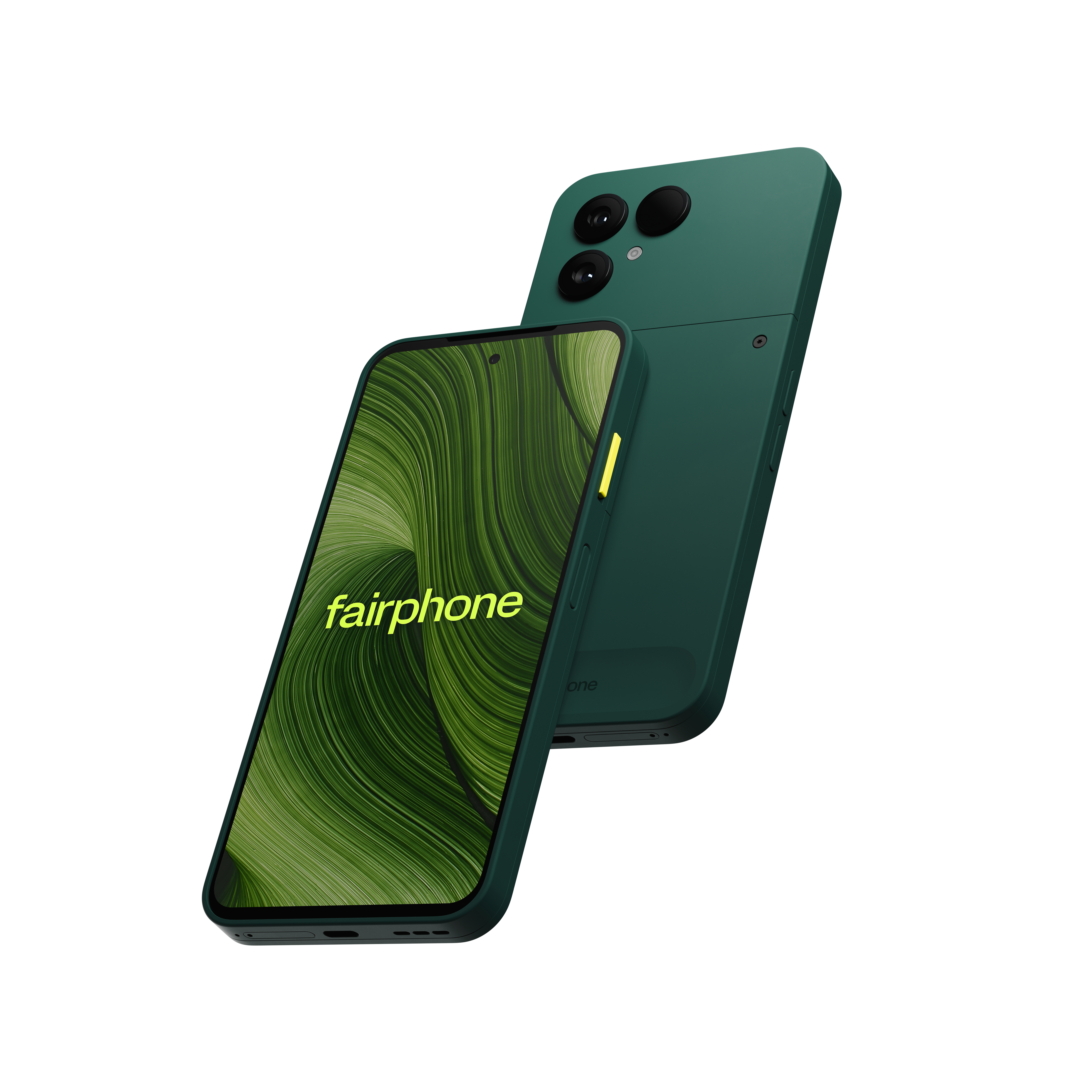 Zwei grüne Smartphones. Eines zeigt ein grünes Muster mit dem Wort 'fairphone'. Das andere zeigt die Rückseite mit Kameras.