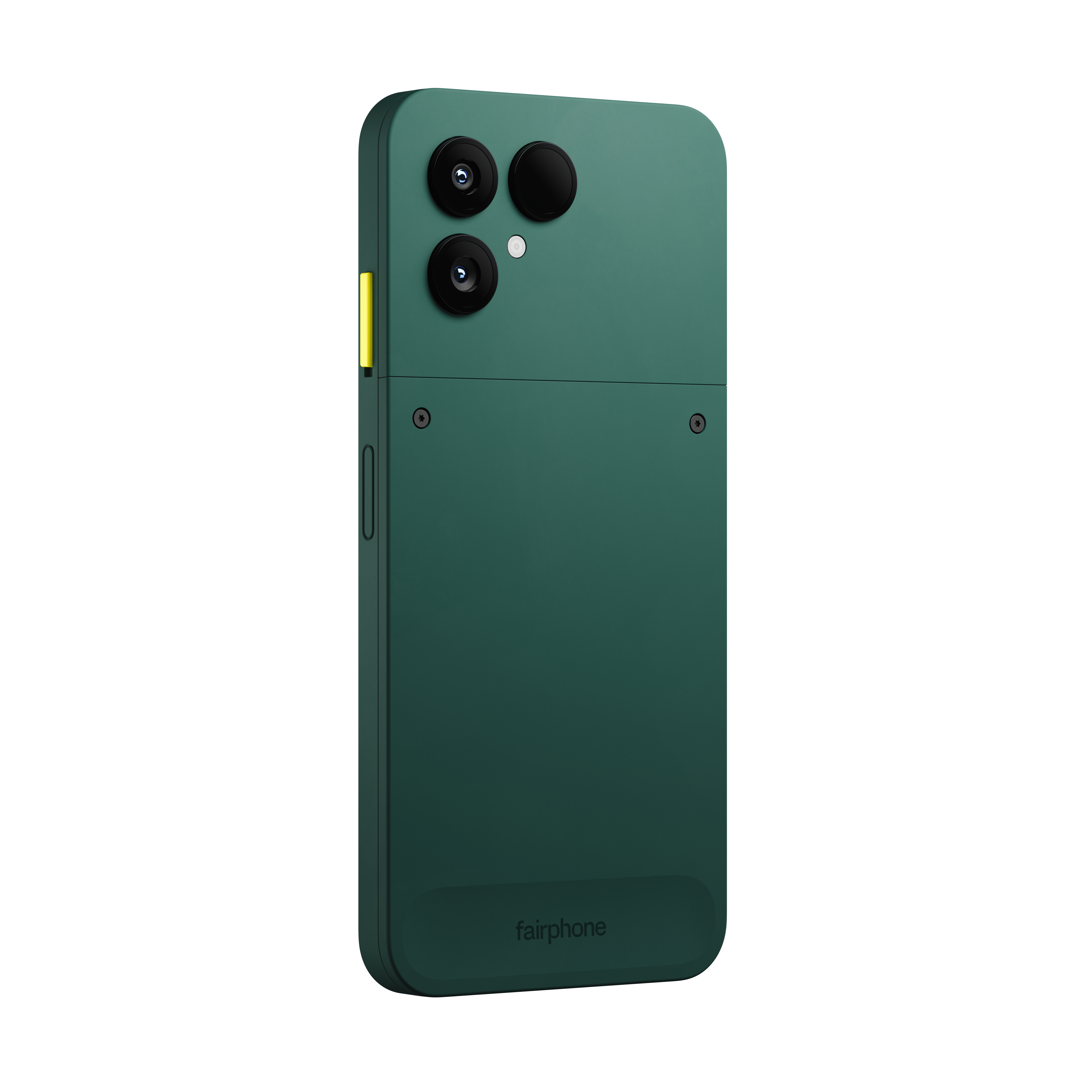 Ein grünes Fairphone. Es hat drei Rückkameras und einen Blitz. Der Power-Button ist gelb. Der Markenname ist sichtbar.