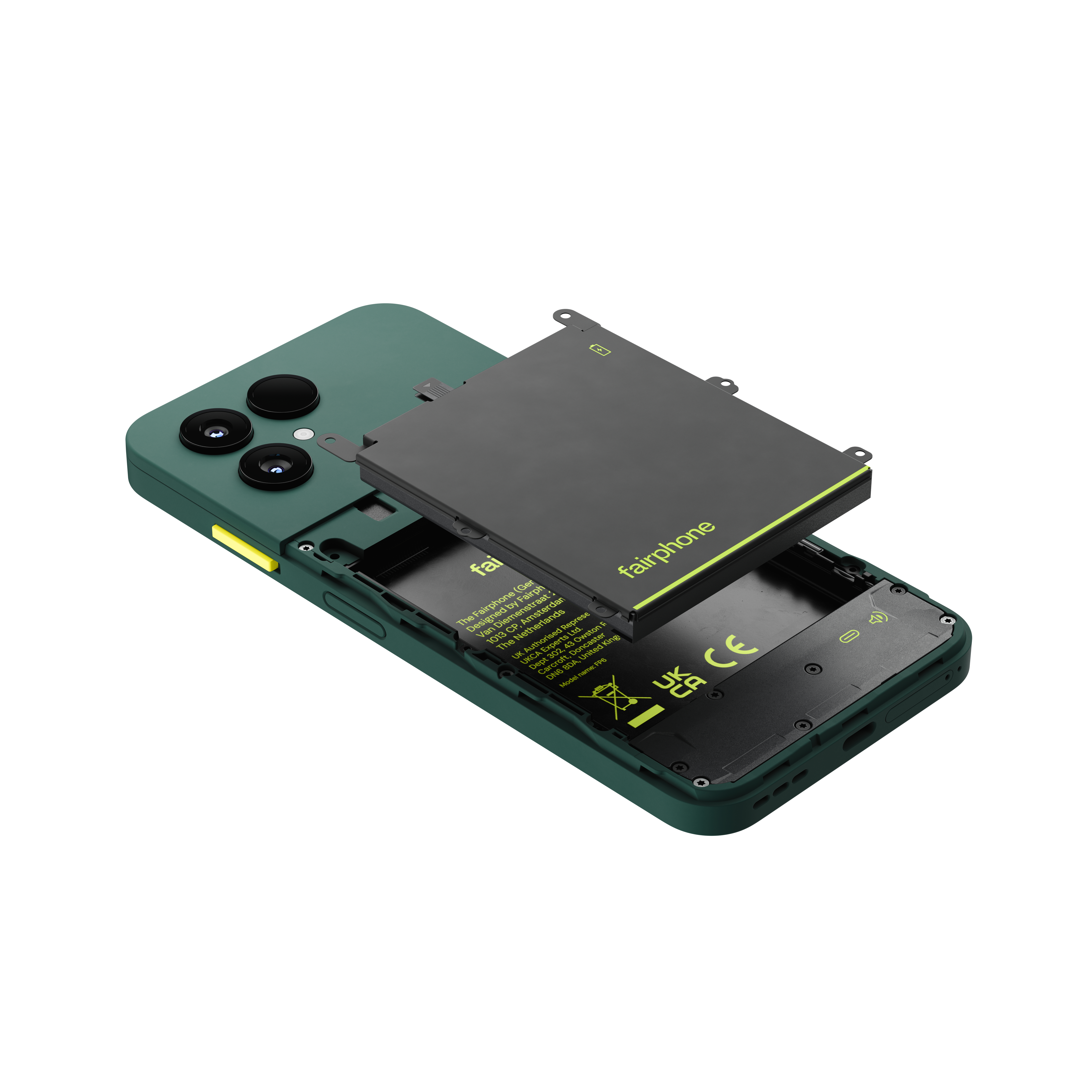 Grünes Fairphone mit teilweise entfernter Batterie. Die Batterie ist schwarz mit gelber Umrandung. Das Telefon ist auf weißem Hintergrund.
