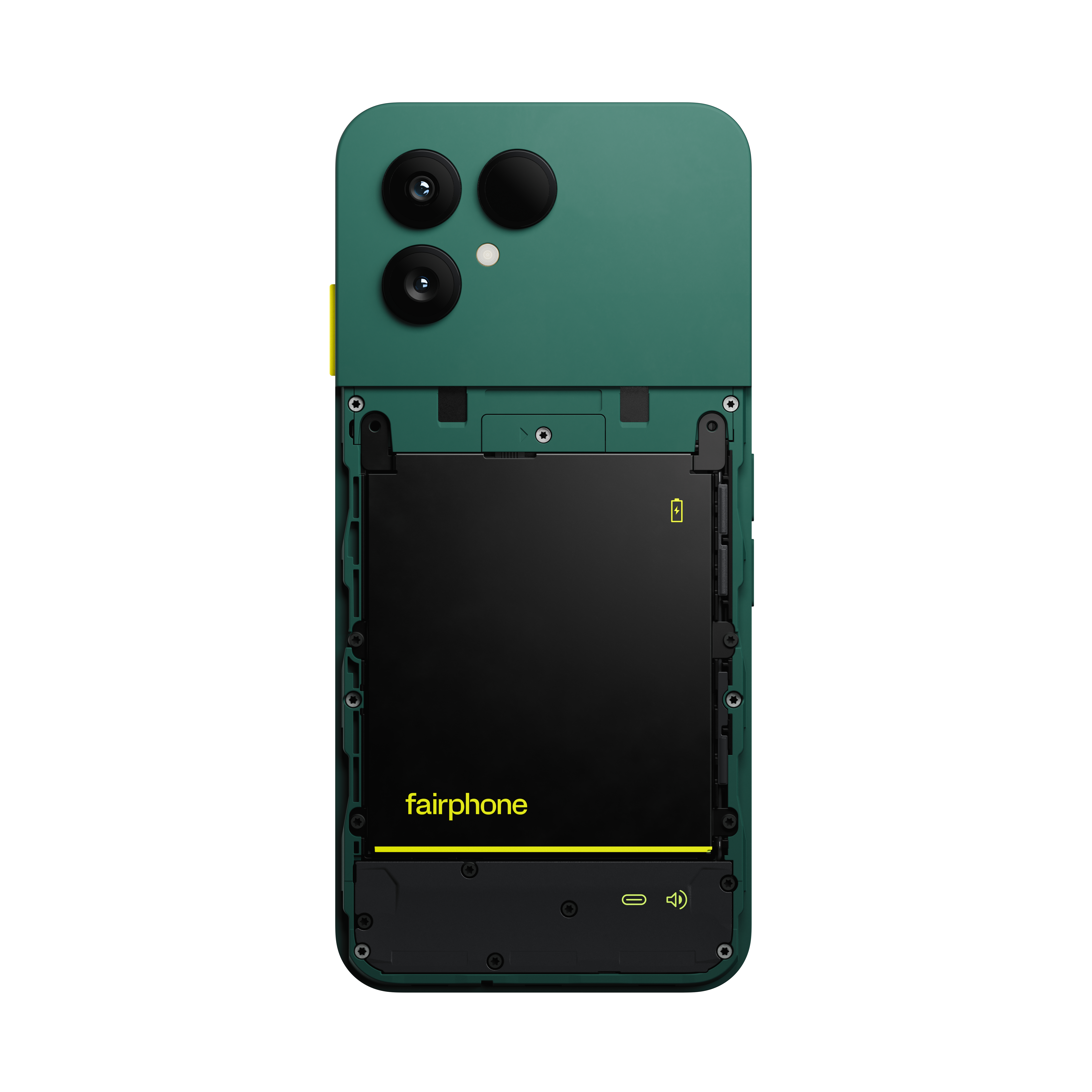 Grünes Fairphone mit abgenommener Rückseite, das den Akku und die inneren Komponenten freilegt. Das Logo fairphone ist sichtbar.