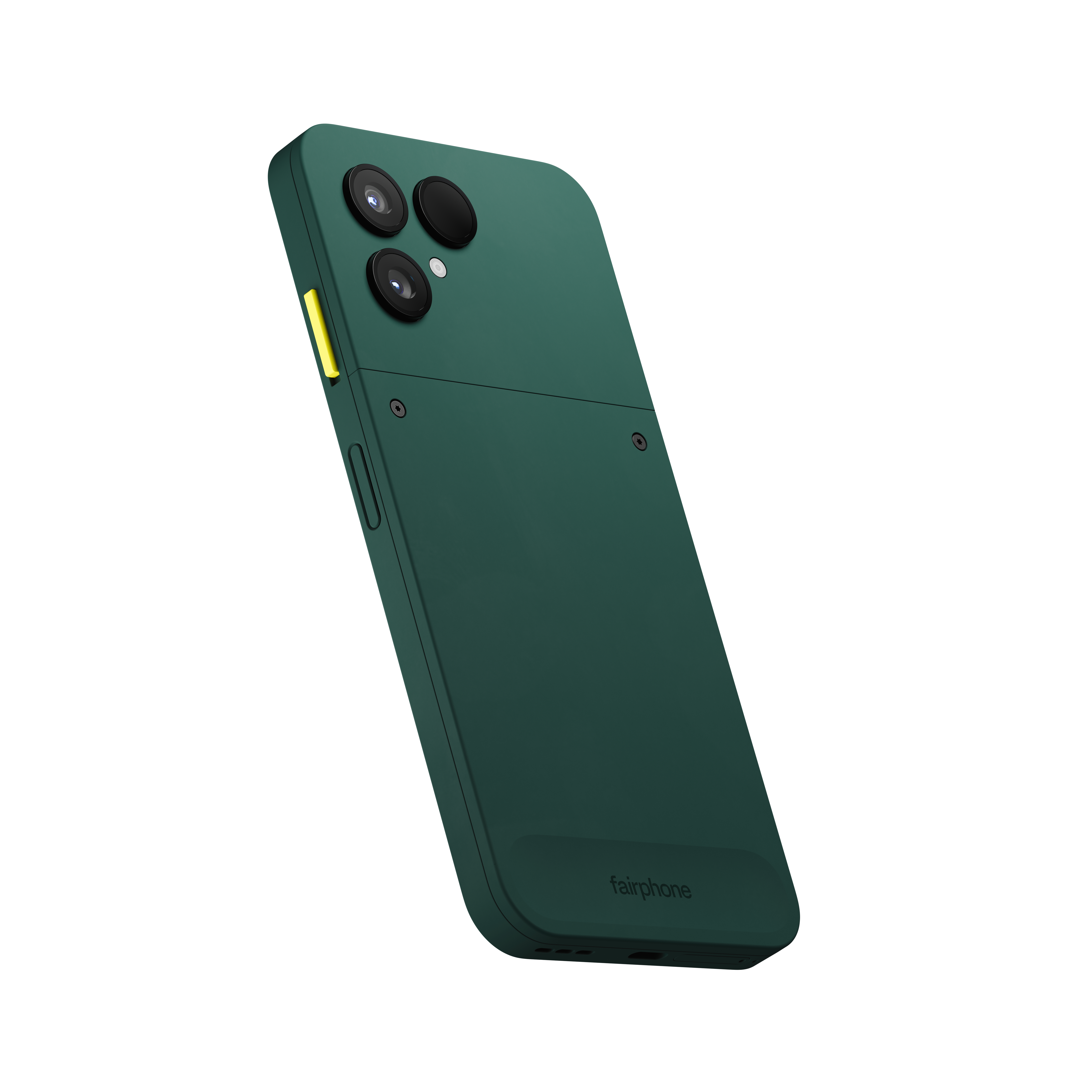 Ein grünes Telefon mit drei Kameralinsen, abgewinkelt. Eine gelbe Taste an der Seite. Weißer Hintergrund mit 'fairphone'-Logo.