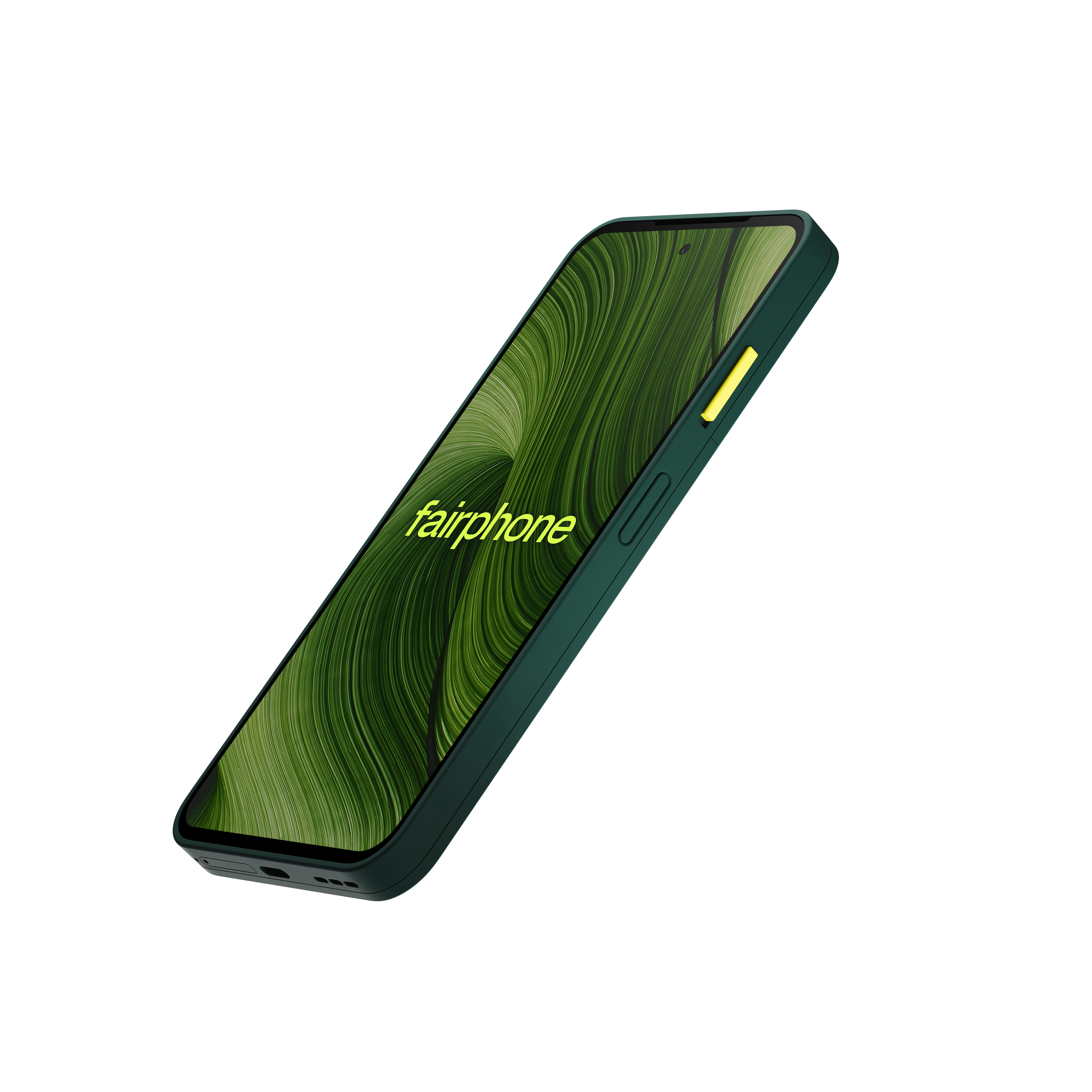 Ein grünes Fairphone, nach rechts geneigt, zeigt ein grünes Muster. Das Telefon hat ein dunkelgrünes Gehäuse und eine gelbe Taste.