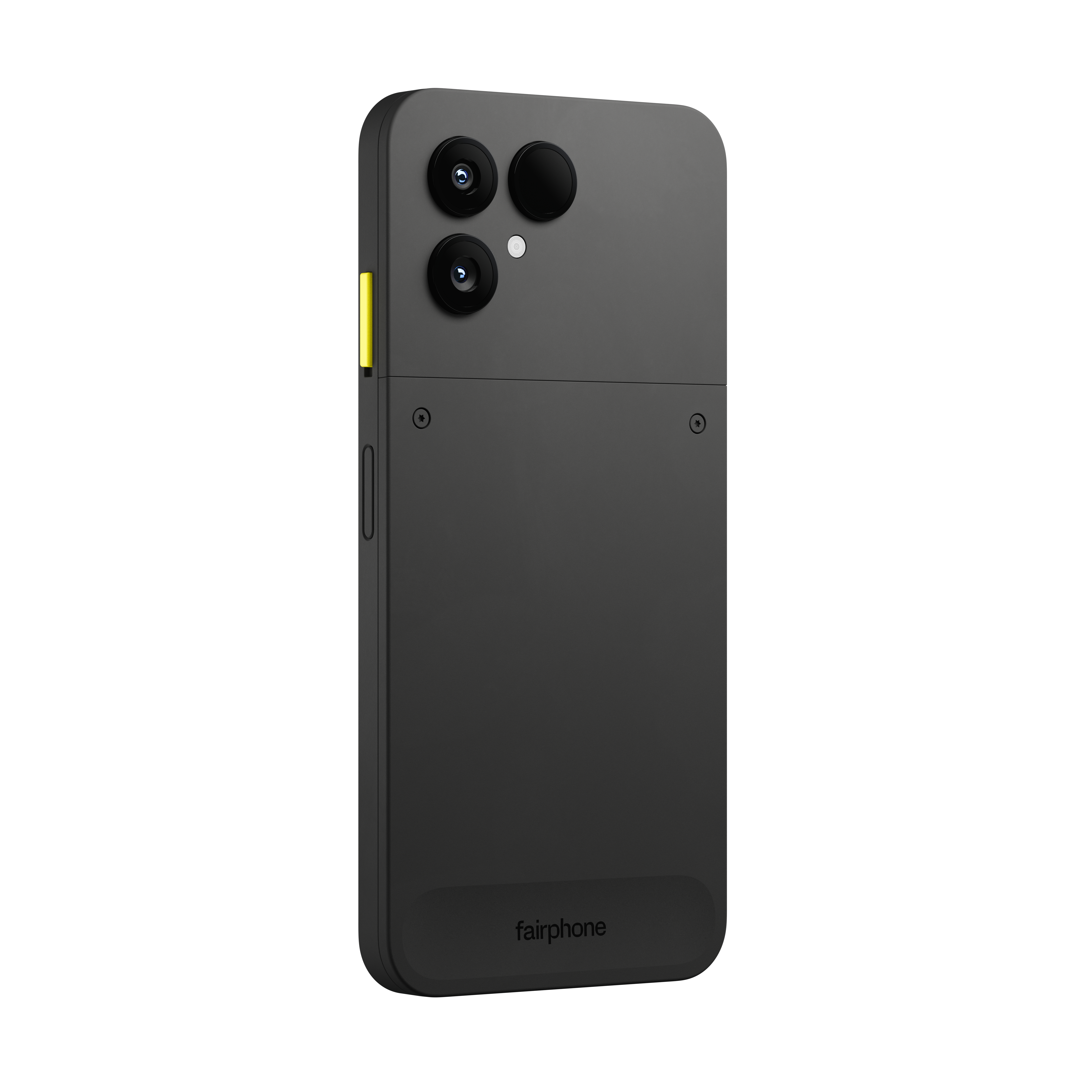 Ein schwarzes Fairphone, Rückansicht, mit drei Kameras und einem gelben Akzent.
