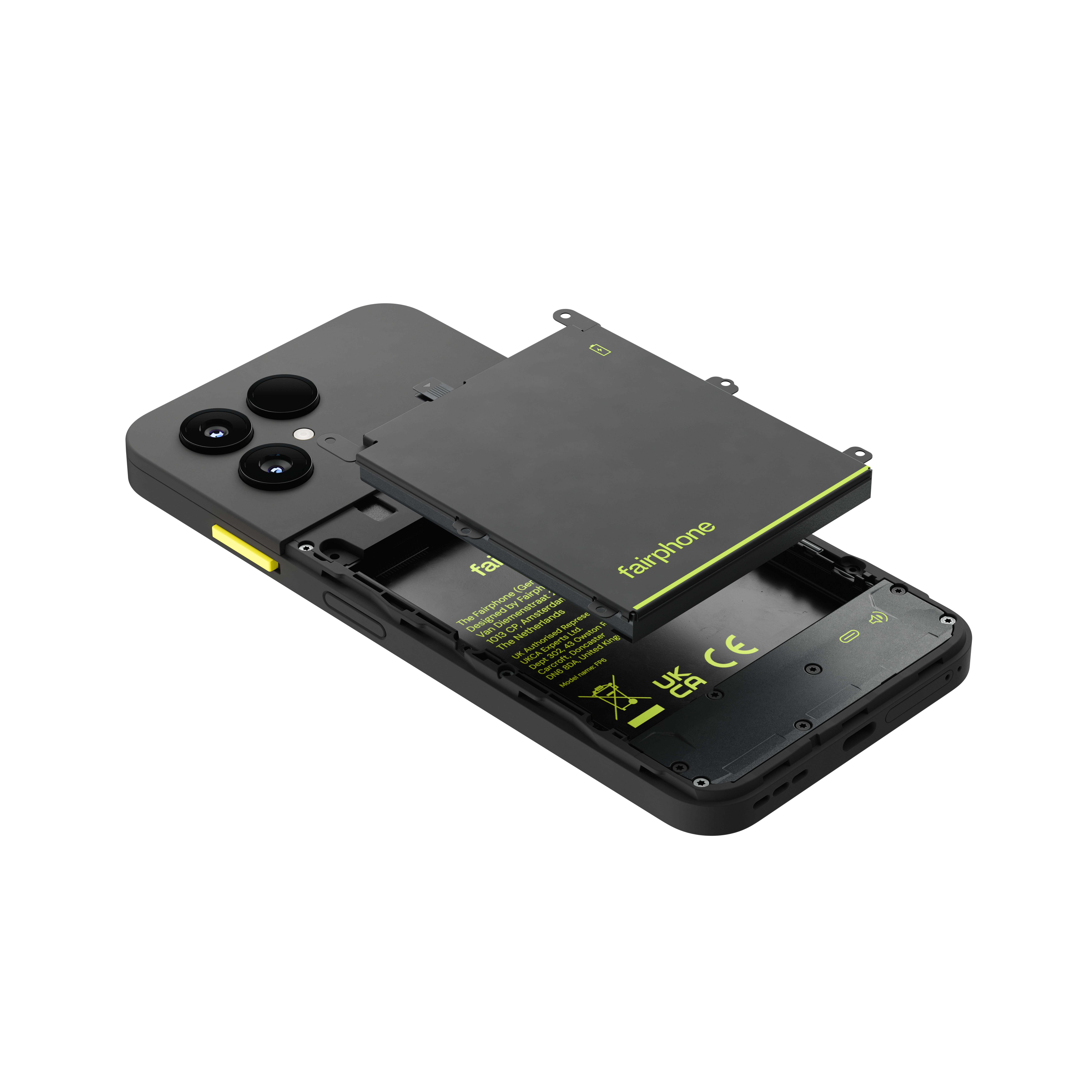 Ein schwarzes Fairphone mit offenem Batteriefach, entfernter Batterie und drei Kameralinsen.