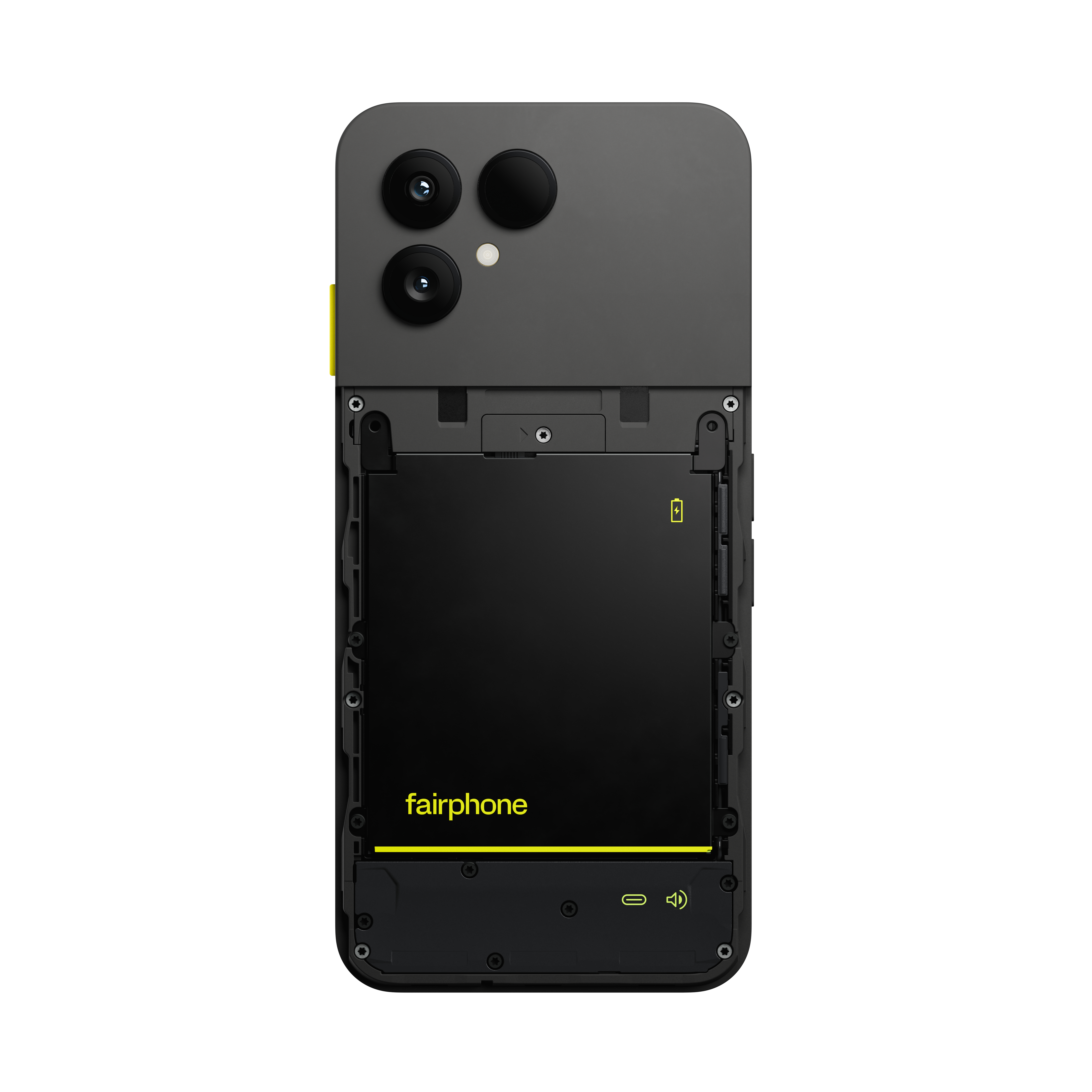 Die Rückseite eines Smartphones mit abnehmbarer Rückwand. Es hat zwei Kameras, einen Akku und den Markennamen.