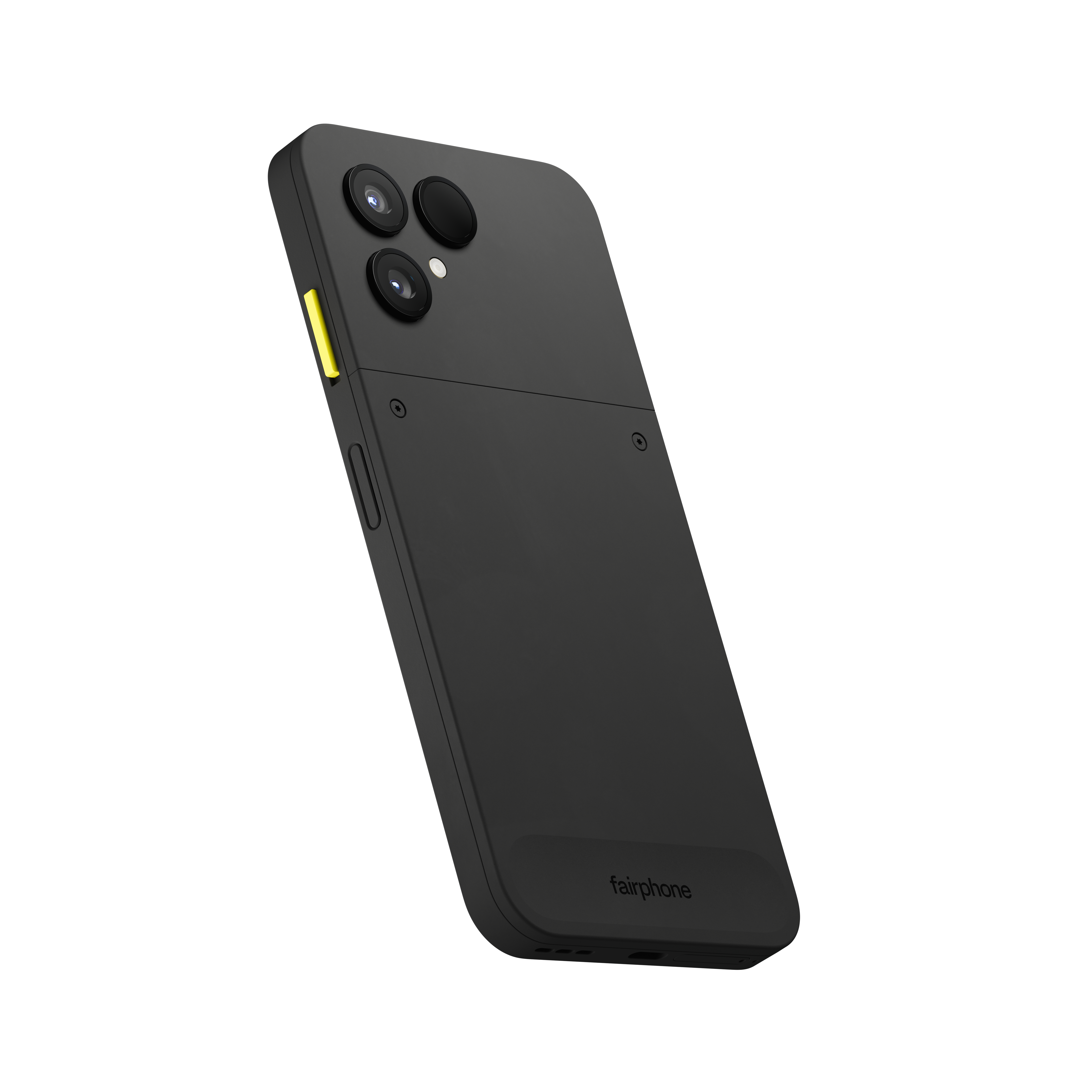 Ein schwarzes Fairphone auf weißem Hintergrund. Es hat drei Kameralinsen und eine gelbe Lautstärketaste.