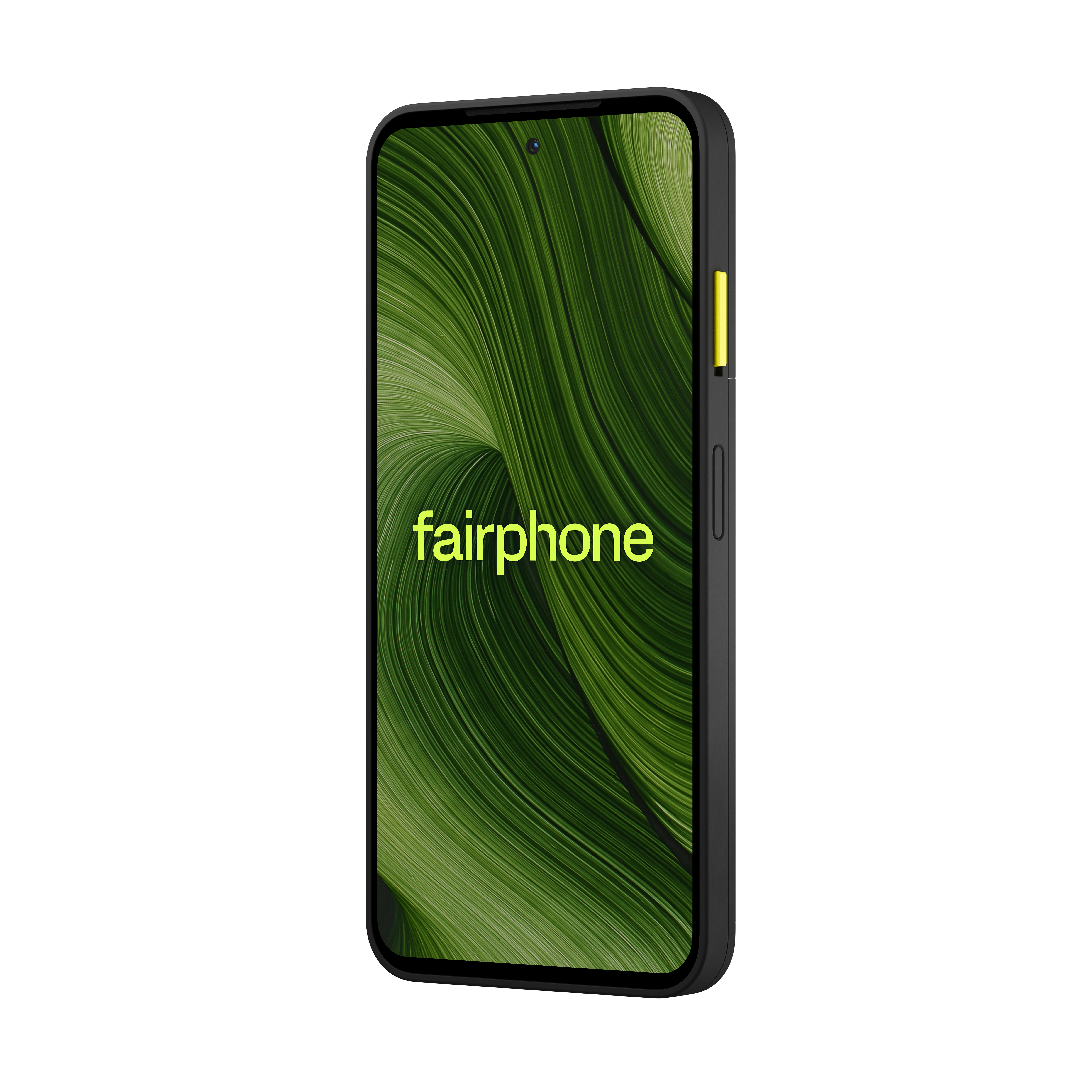 Ein Fairphone-Smartphone. Der Bildschirm zeigt ein grünes, wirbelndes Muster. Das Telefon ist schwarz mit gelben Akzenten.
