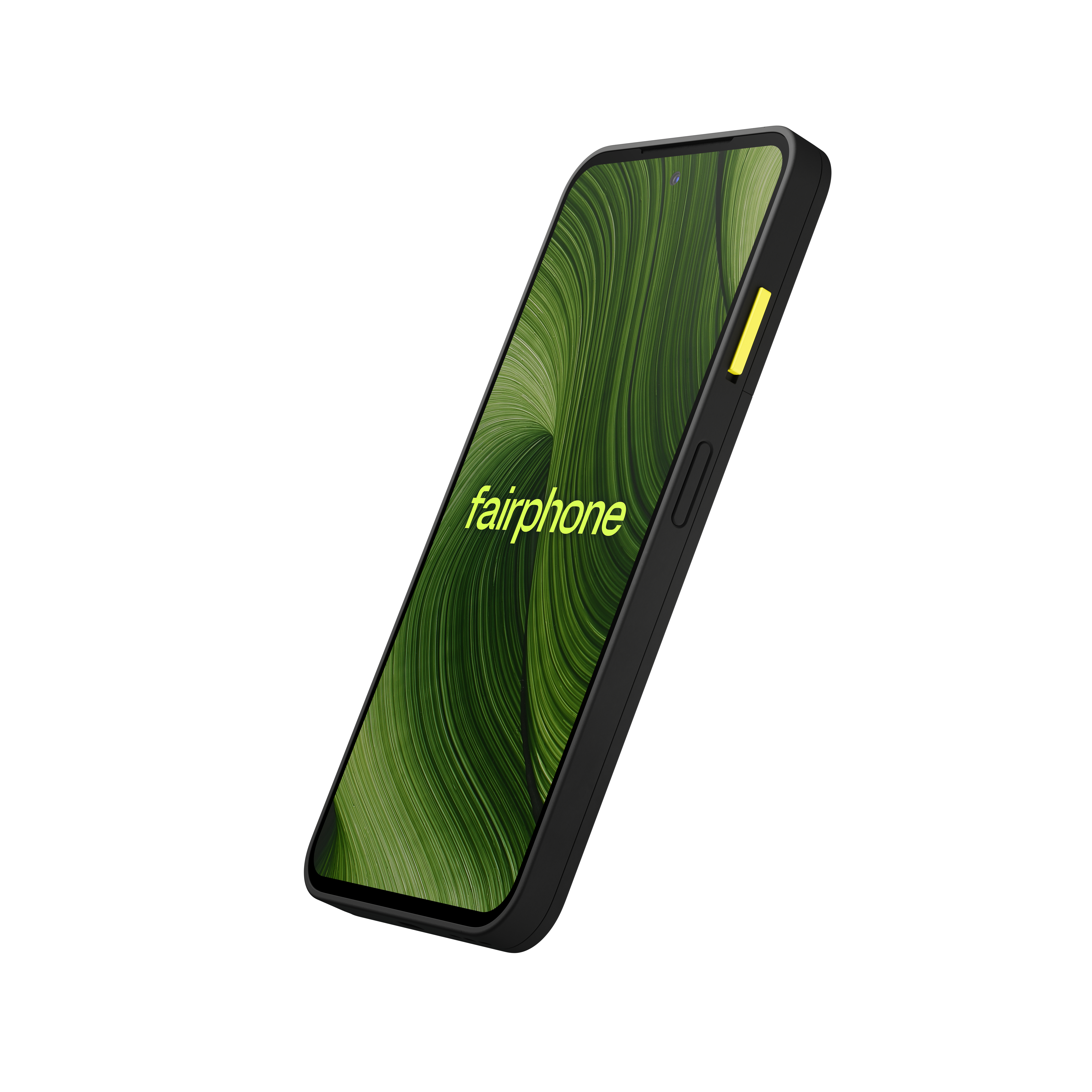 Ein Fairphone-Smartphone, schwarzes Gehäuse, grüner Wellenmuster-Bildschirm, gelbe Seitentaste und der Text 'fairphone'.