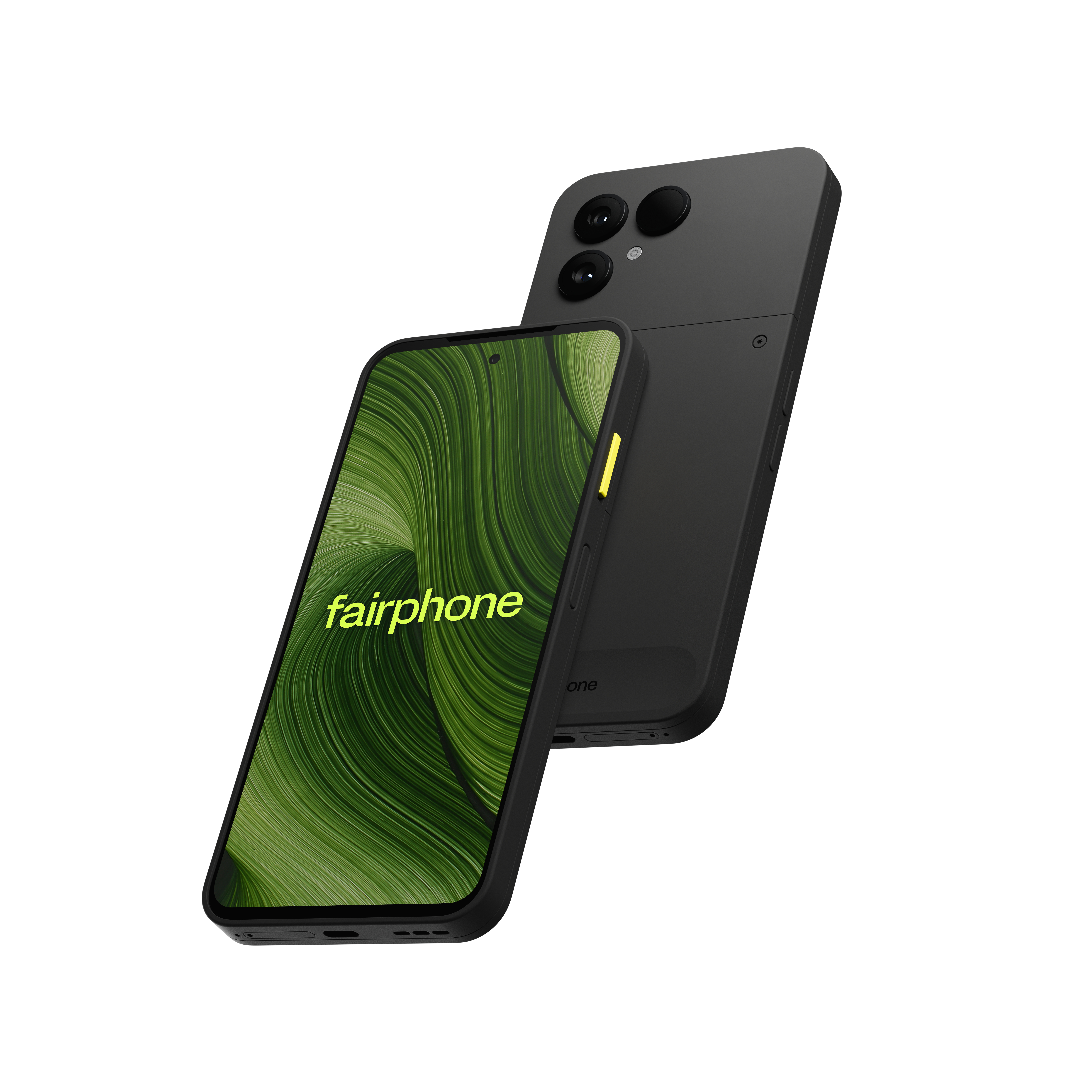Zwei schwarze Fairphone-Smartphones. Eines abgewinkelt, zeigt Bildschirm mit grünem Muster und Fairphone-Logo. Das andere zeigt die Rückseite.