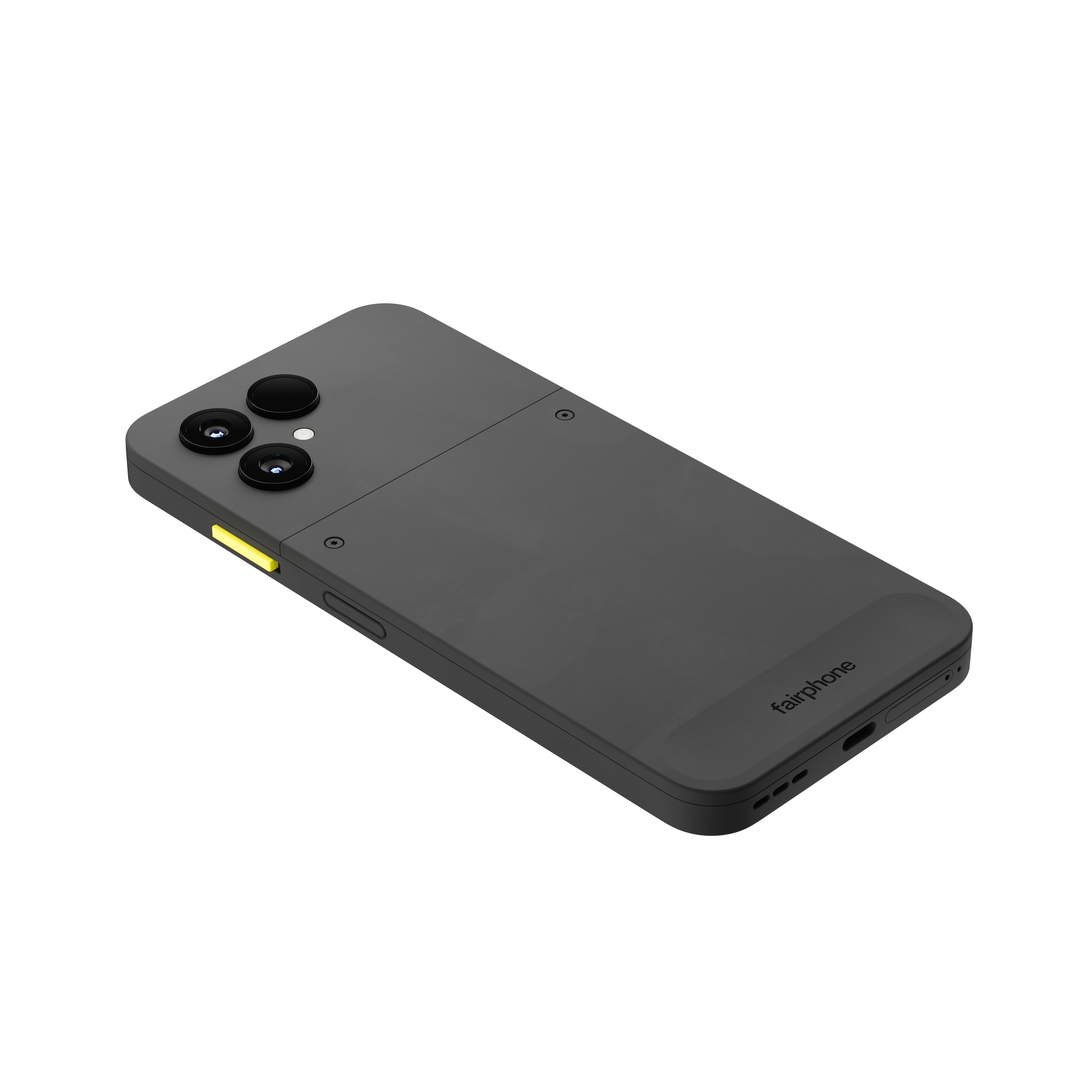 Dunkelgraues Fairphone-Smartphone mit drei Rückkameras. Das Telefon hat eine gelbe Einschalttaste und weißen Hintergrund.