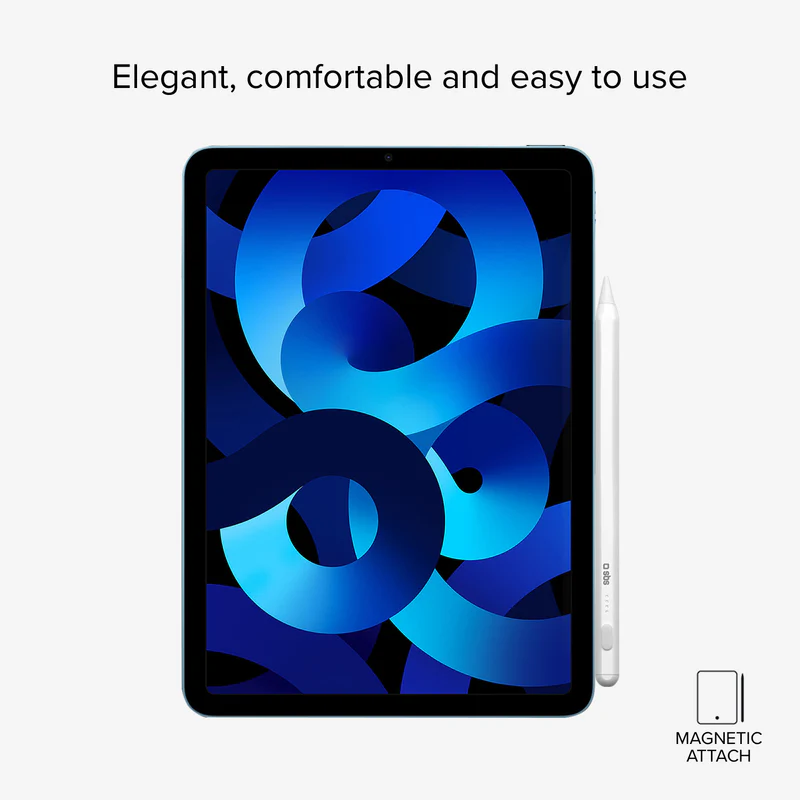 iPad z niebieskim abstrakcyjnym tłem z białym rysikiem. U góry tekst: Elegancki, wygodny i łatwy w użyciu.