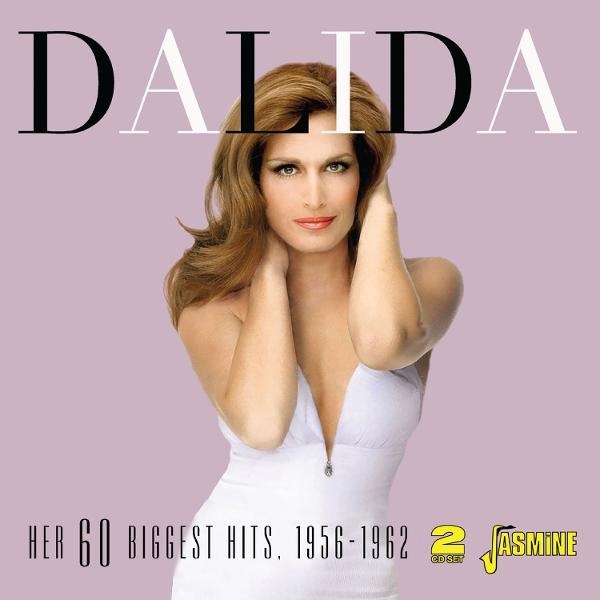 Dalida-Albumcover. Frau in weißem Kleid mit Händen am Kopf, Titel oben, Text unten. Lila Hintergrund.