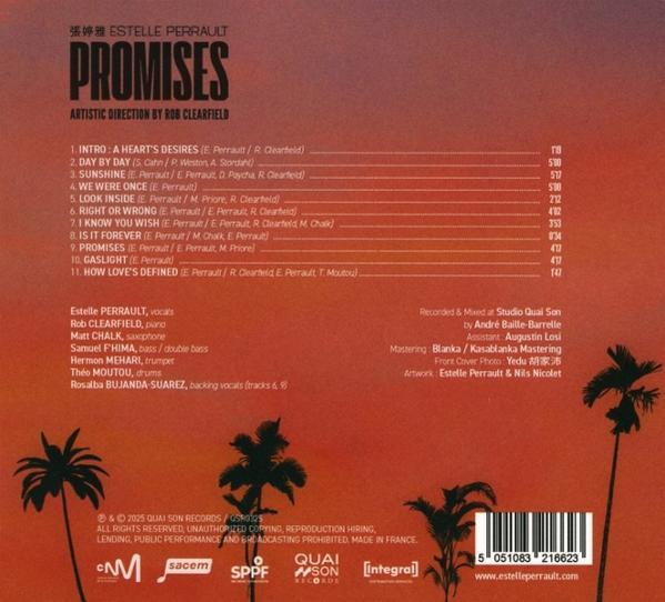 Albumcover mit Text 'Promises' und Titelliste. Palmen im Vordergrund, Sonnenuntergangsfarben.