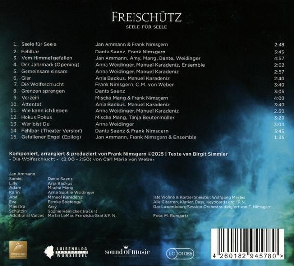 CD-Cover mit Titelliste und Credits, blauem Farbverlauf, Text auf Deutsch, Barcode und Sound of Music Logo.