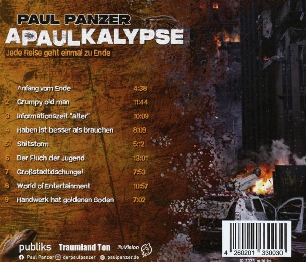 CD-Cover mit dem Titel APAULKALYPSE von Paul Panzer. Es zeigt eine brennende Stadt im Hintergrund und eine Trackliste links.