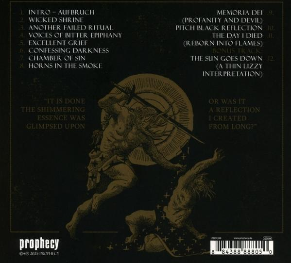 Albumcover mit goldener Illustration kämpfender Figuren, umgeben von Songtiteln und einem Label-Logo.