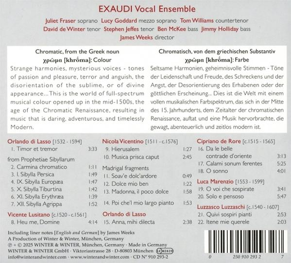 CD-Cover mit Text über das EXAUDI Vocal Ensemble, einschließlich Namen und Titelliste. Weißer Hintergrund, schwarzer Text.