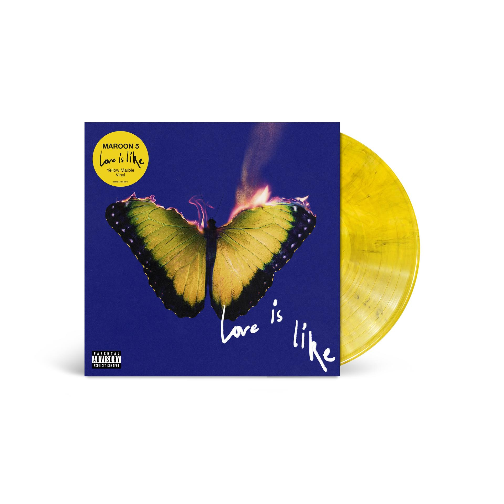 Albumcover: Maroon 5s 'Love is like' Album. Eine Schmetterlingsgrafik mit Gelb und Schwarz auf dunkelblauem Hintergrund. Die Vinyl ist gelb.