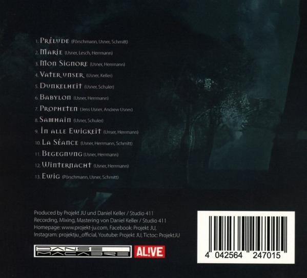 Rückseite des Albums mit Titelliste, Barcode und Logo. Dunkler Hintergrund mit weißem Text. AL!VE-Logo in Rot.