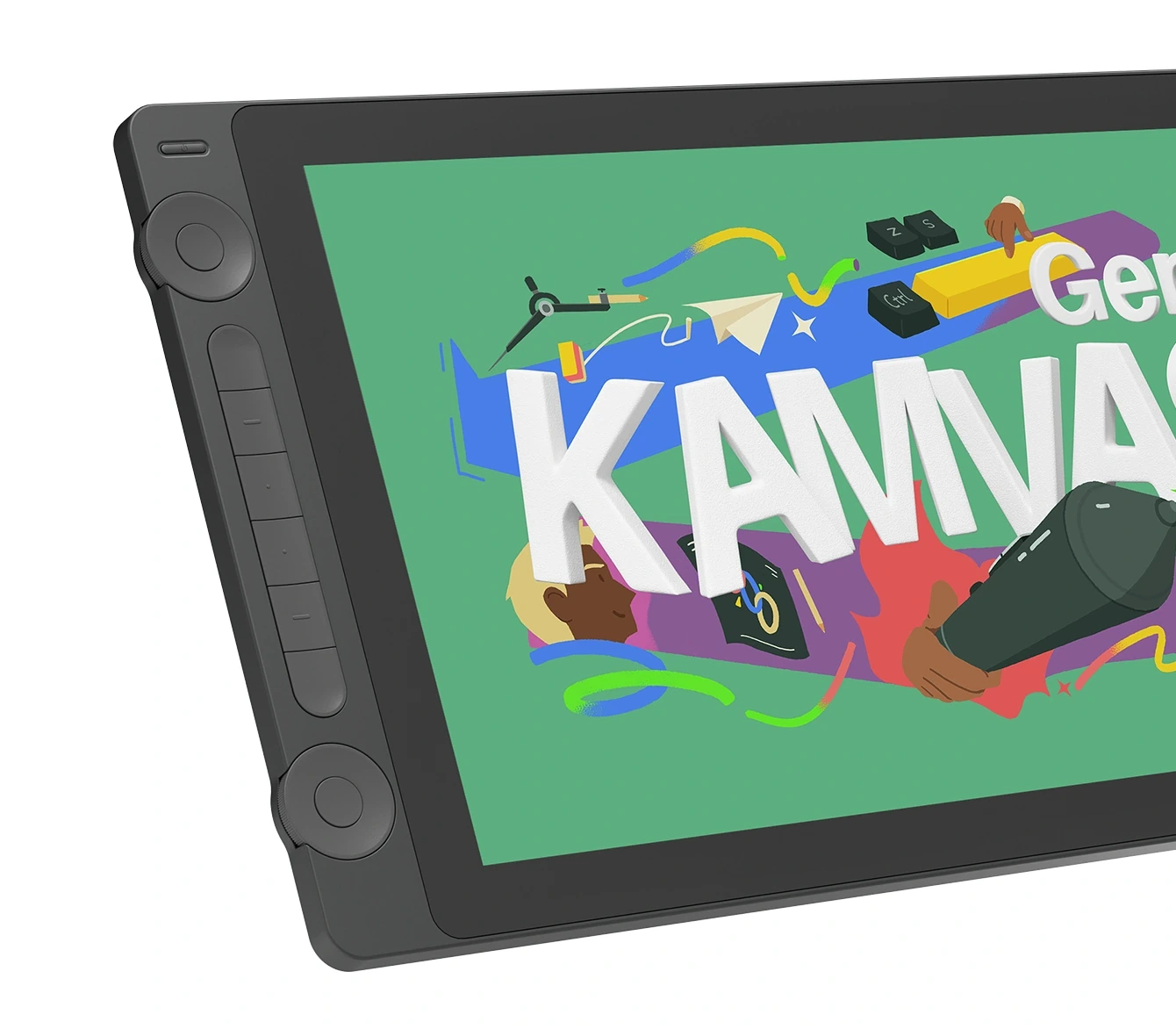 Tablet graficzny z ekranem wyświetlającym słowo 'KAMVAS'. Ekran zawiera kolorowe ilustracje i dłoń trzymającą pióro.