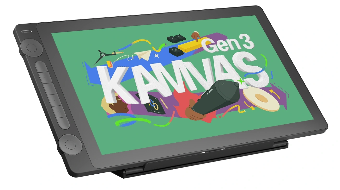 Czarny tablet ze słowem KANVAS na ekranie. Ekran ma zielone tło z kolorową grafiką.