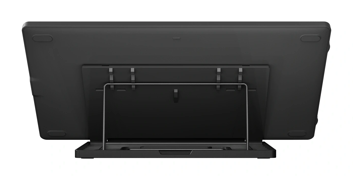 Widok z tyłu czarnego tabletu graficznego ze stojakiem. Stojak to metalowa rama przymocowana do tyłu tabletu.