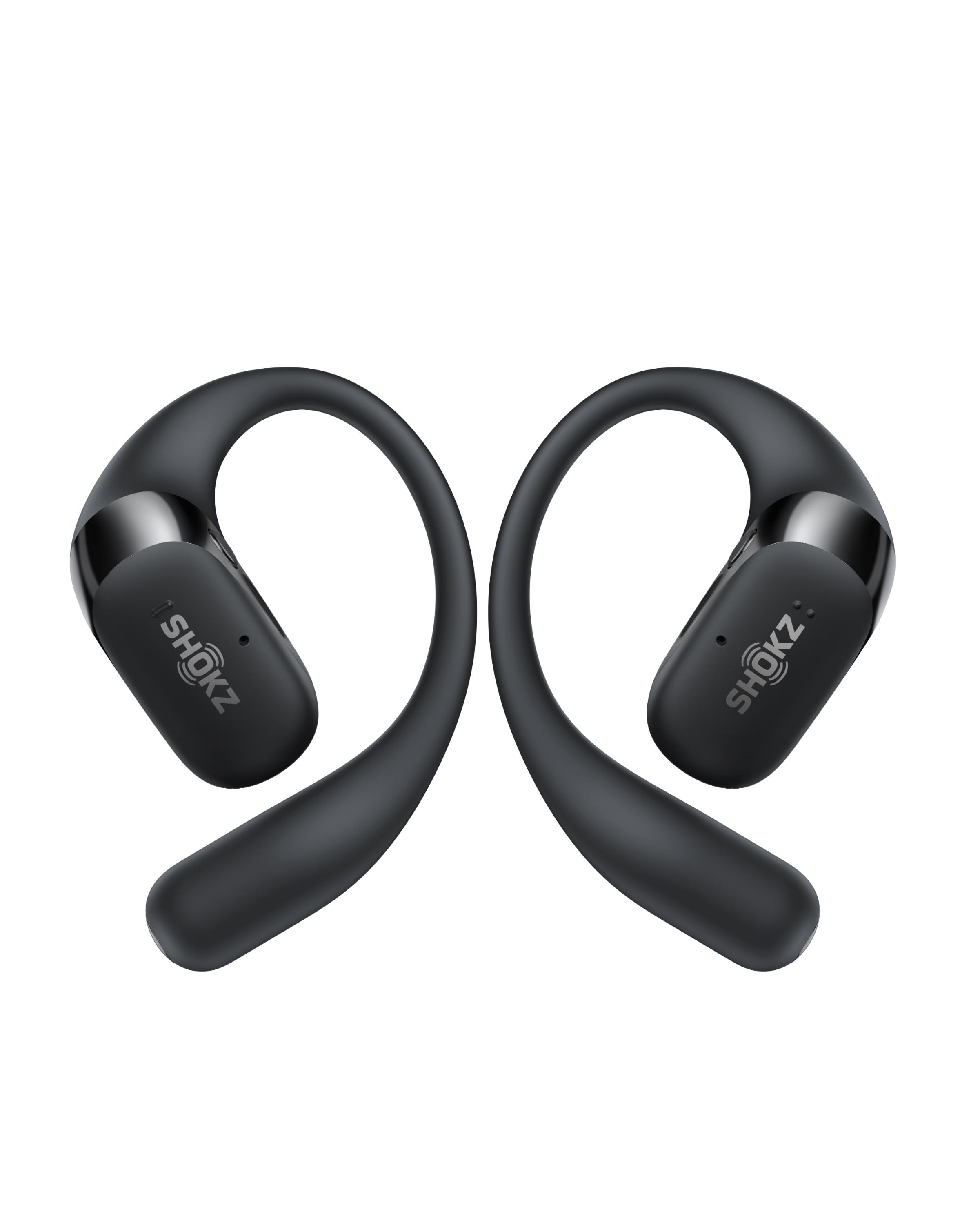 Schwarze Shokz-Kopfhörer, Ohrbügel-Design, auf weißem Hintergrund. Jede Seite hat das Shokz-Logo.