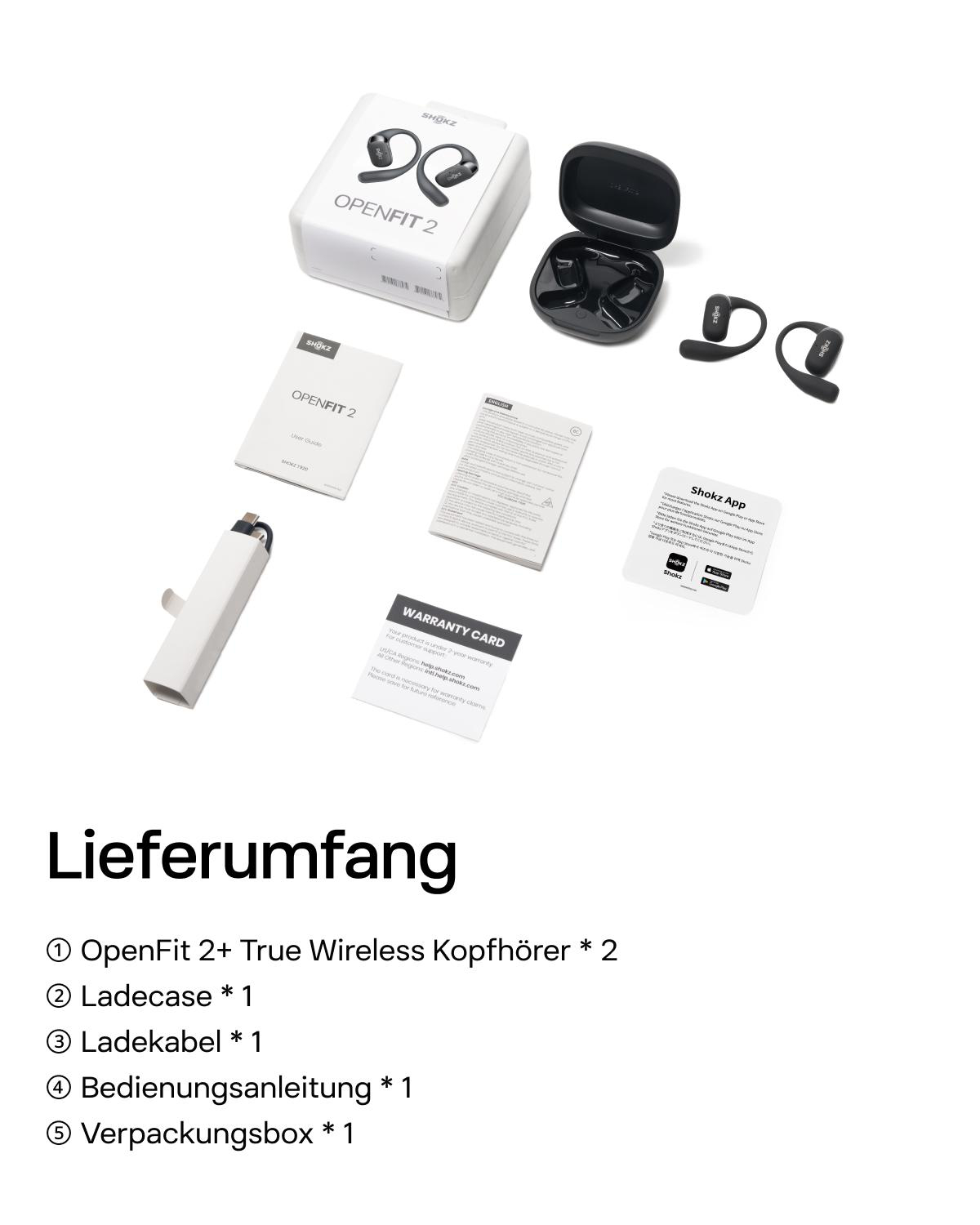 Eine weiße Schachtel mit Kopfhörern, einem Ladecase und einer Anleitung werden gezeigt. Der Text "Lieferumfang" steht unten.