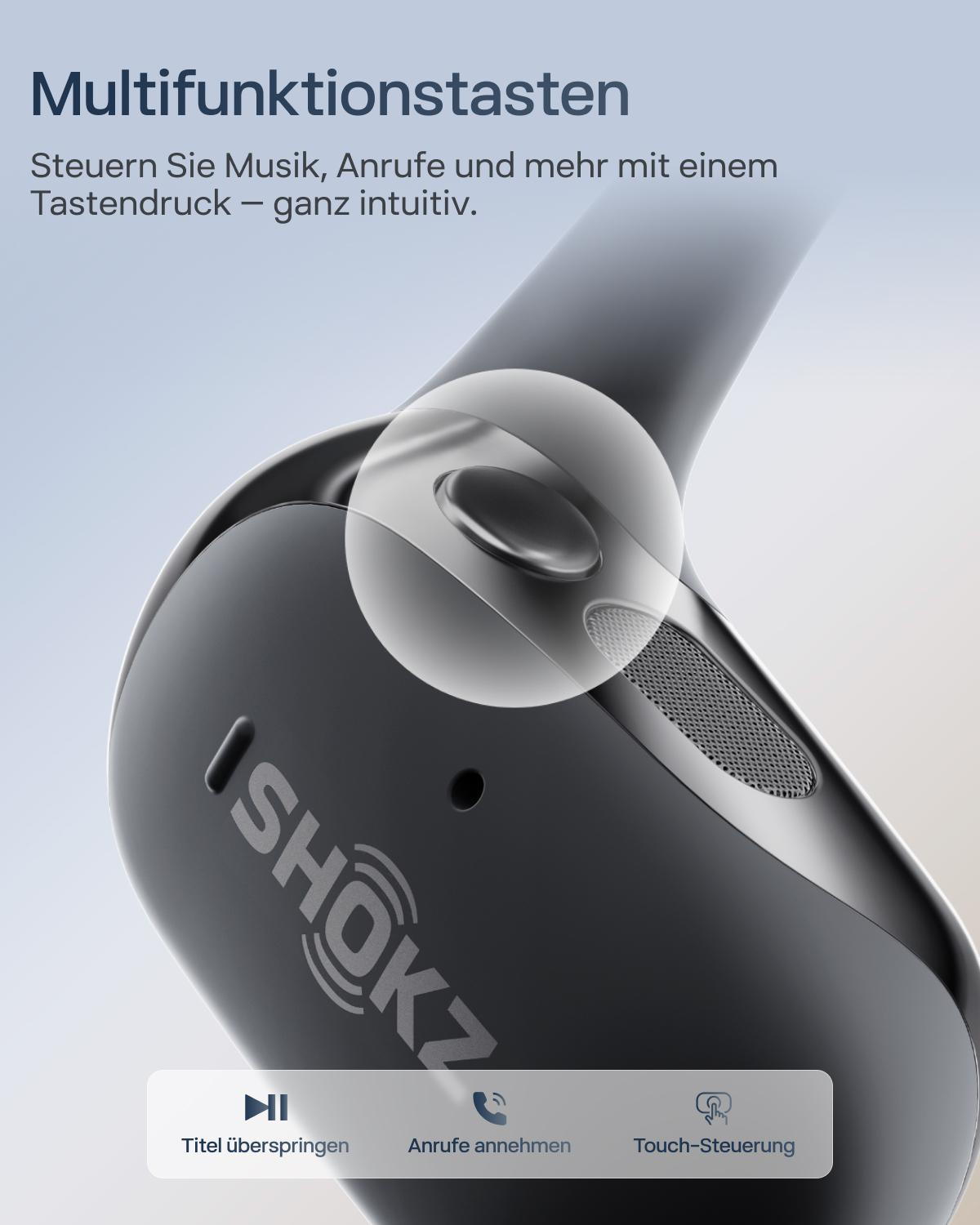 Nahaufnahme eines schwarzen Ohrhörers. Die Marke SHOKZ ist sichtbar. Steuerelemente werden angezeigt: Überspringen, Anrufe annehmen, Touch-Steuerung.
