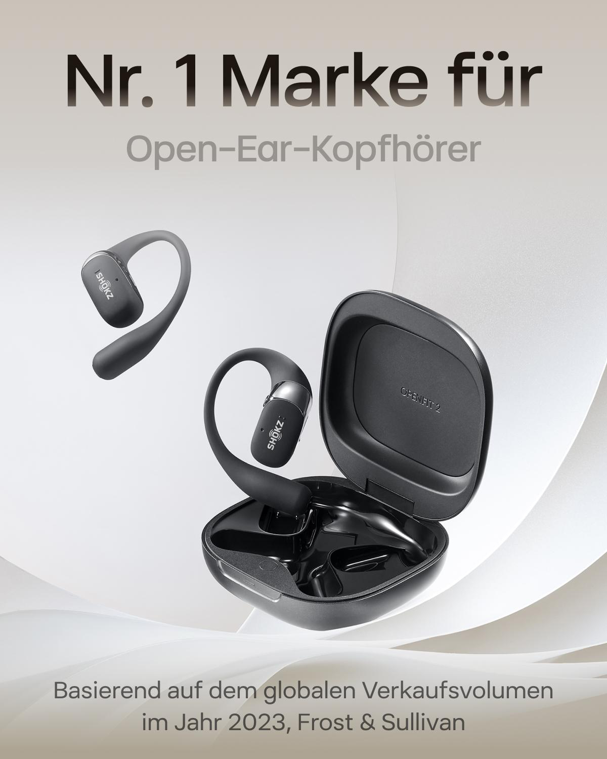 Das Bild zeigt schwarze Shokz-Open-Ear-Kopfhörer, eine Hülle und Text: Nr. 1 Marke für Open-Ear-Kopfhörer. Text sagt auch Frost & Sullivan 2023.