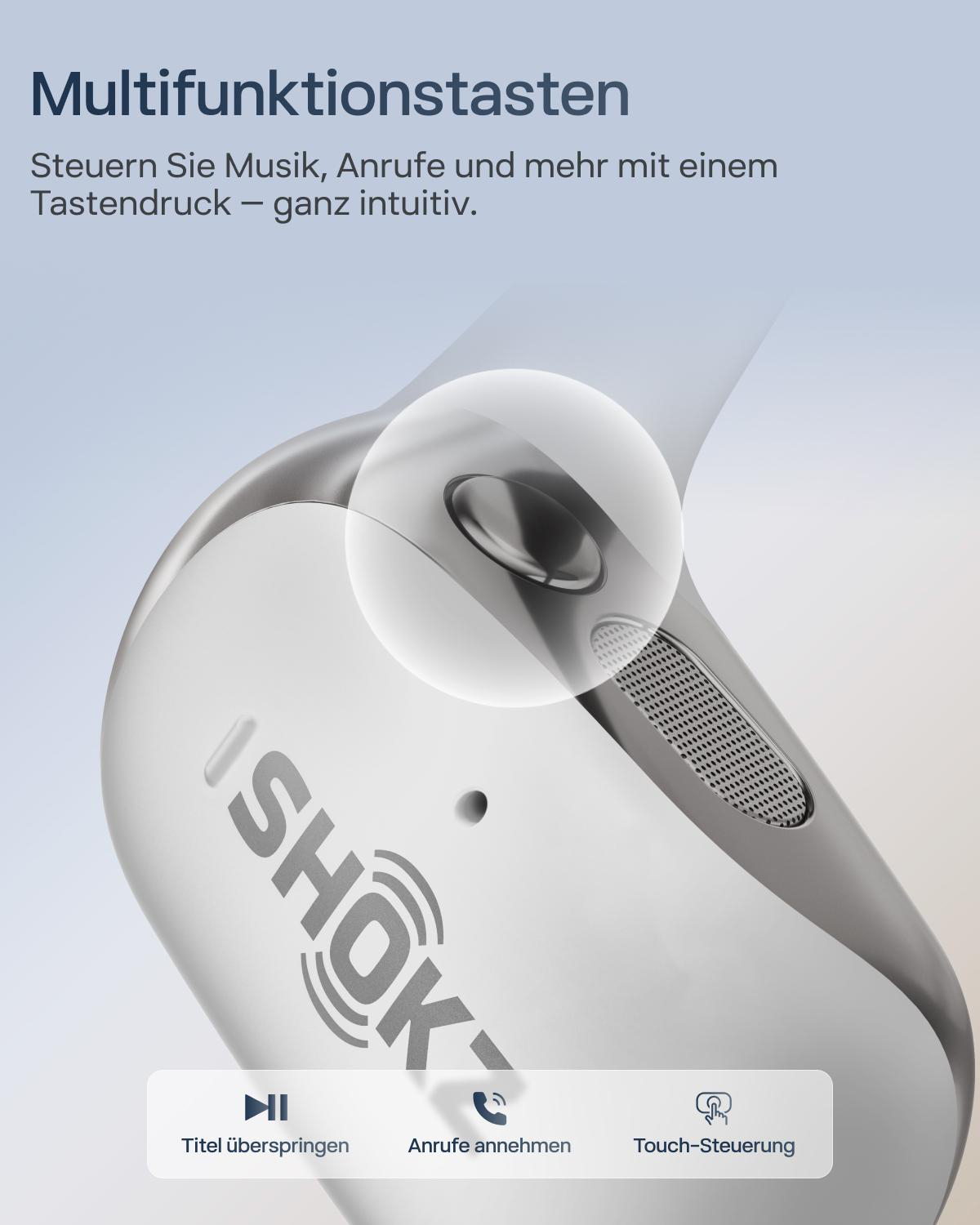 Nahaufnahme eines weißen Ohrhörers mit silbernem Akzent. Text oben: "Multifunktionstasten". Knöpfe unten: Überspringen, Anruf annehmen, Touch-Steuerung.
