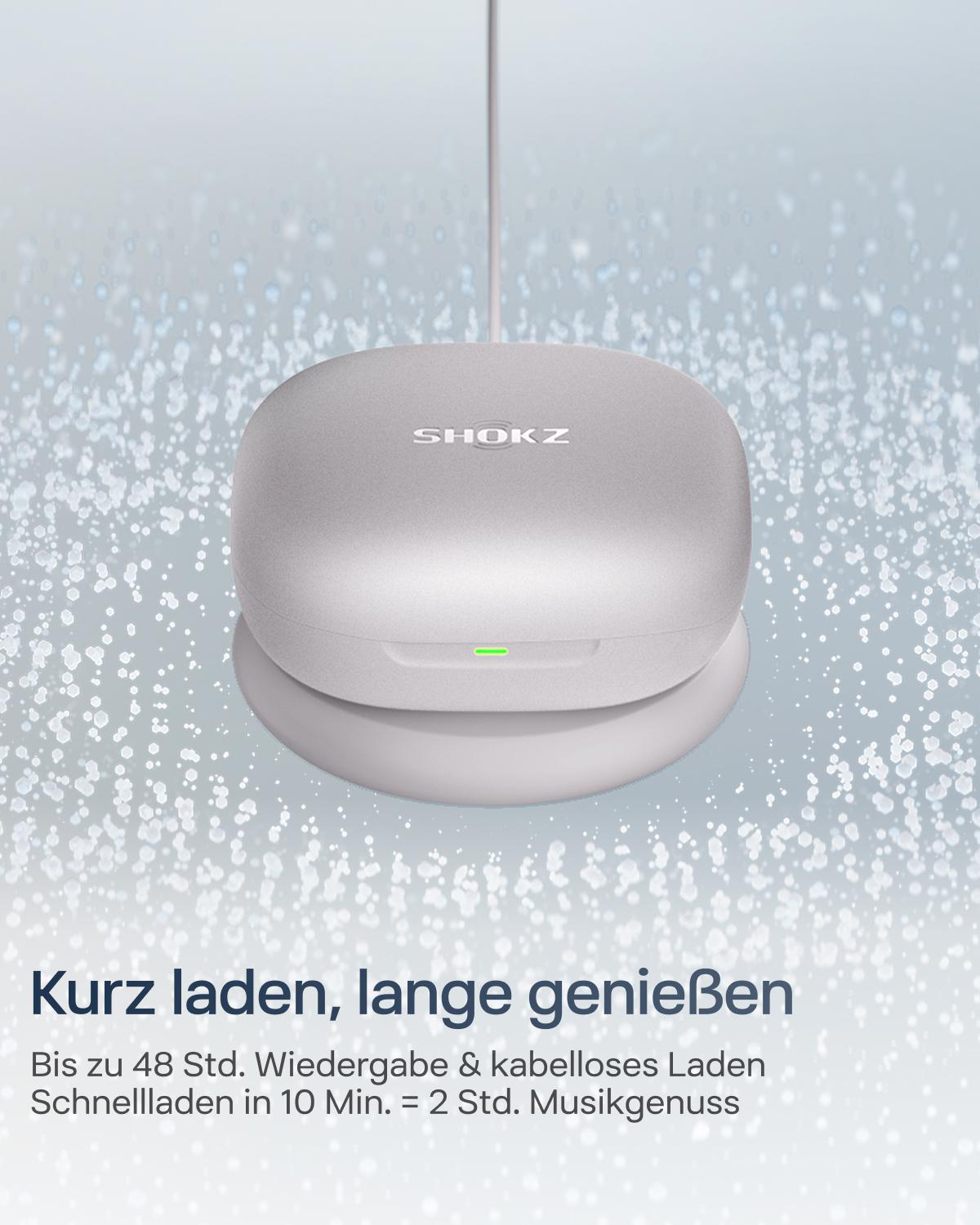 Weißes SHOKZ-Ladecase auf weißer Basis, mit grünem Licht, vor blau-weißem Hintergrund. Text unten.
