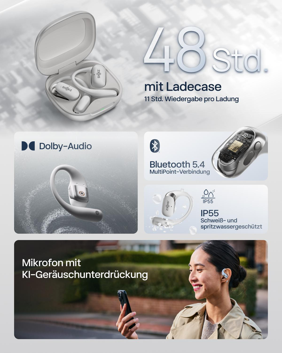 Das Bild zeigt weiße SHOKZ-Kopfhörer, eine Ladebox und eine Frau, die ihr Telefon mit Kopfhörern benutzt. Zu den Funktionen gehören Bluetooth 5.4 und IP55.