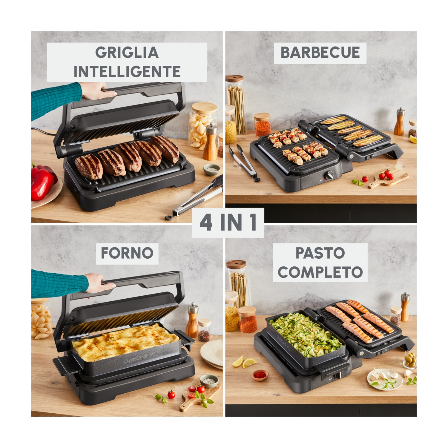 Quattro immagini mostrano una griglia 4 in 1. Cuoce bistecche, verdure e pasti completi. Ha un design nero e poggia su una superficie di legno.