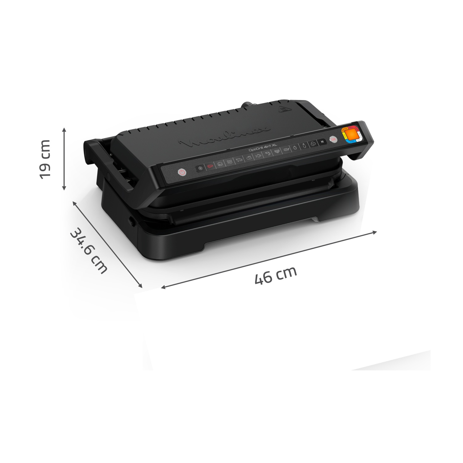 Un OptiGrill 4in1 XL nero con dimensioni: 46 cm lungo, 34,6 cm largo e 19 cm alto. Con pulsanti e maniglia.