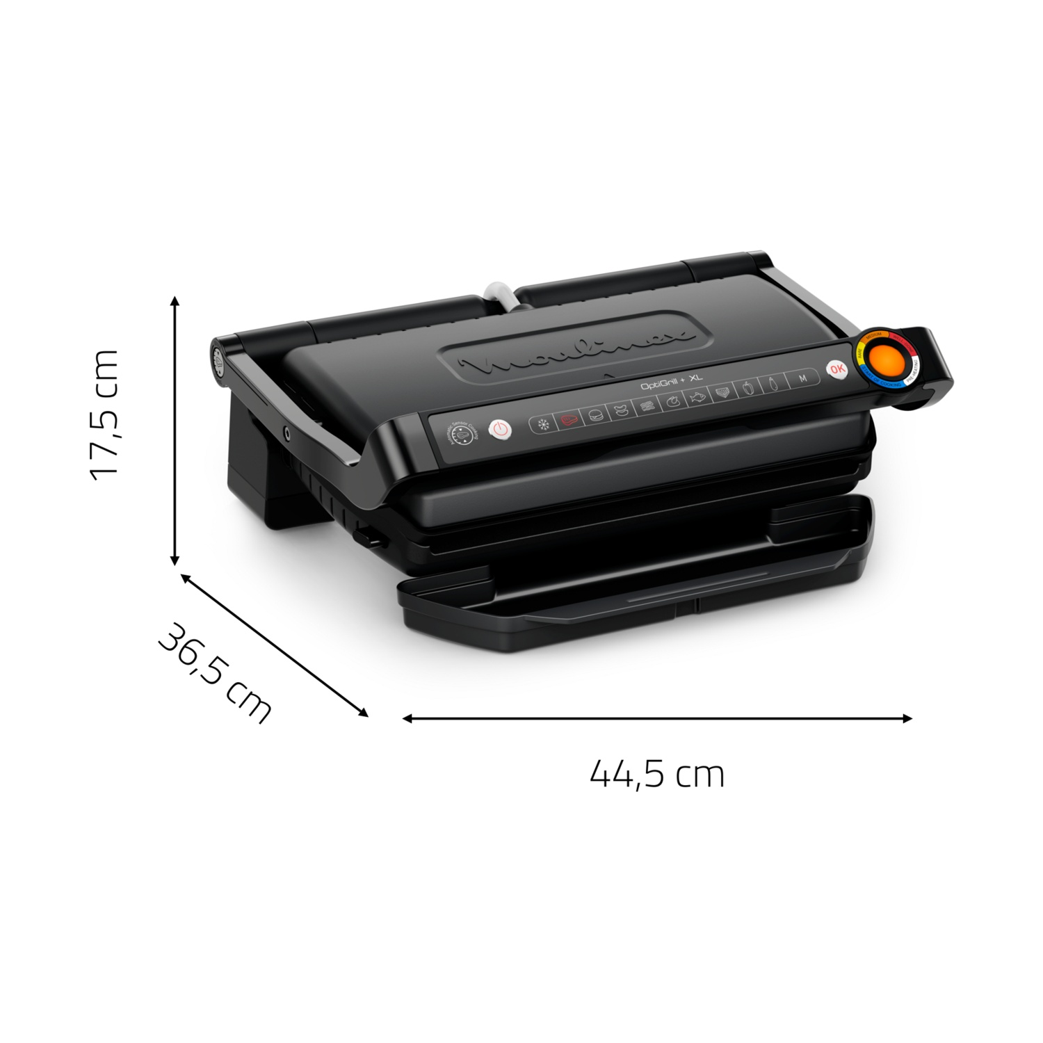 OptiGrill XL nero con misure: 17,5 cm di altezza, 36,5 cm di profondità e 44,5 cm di larghezza. Ha un pannello di controllo e un quadrante arancione.