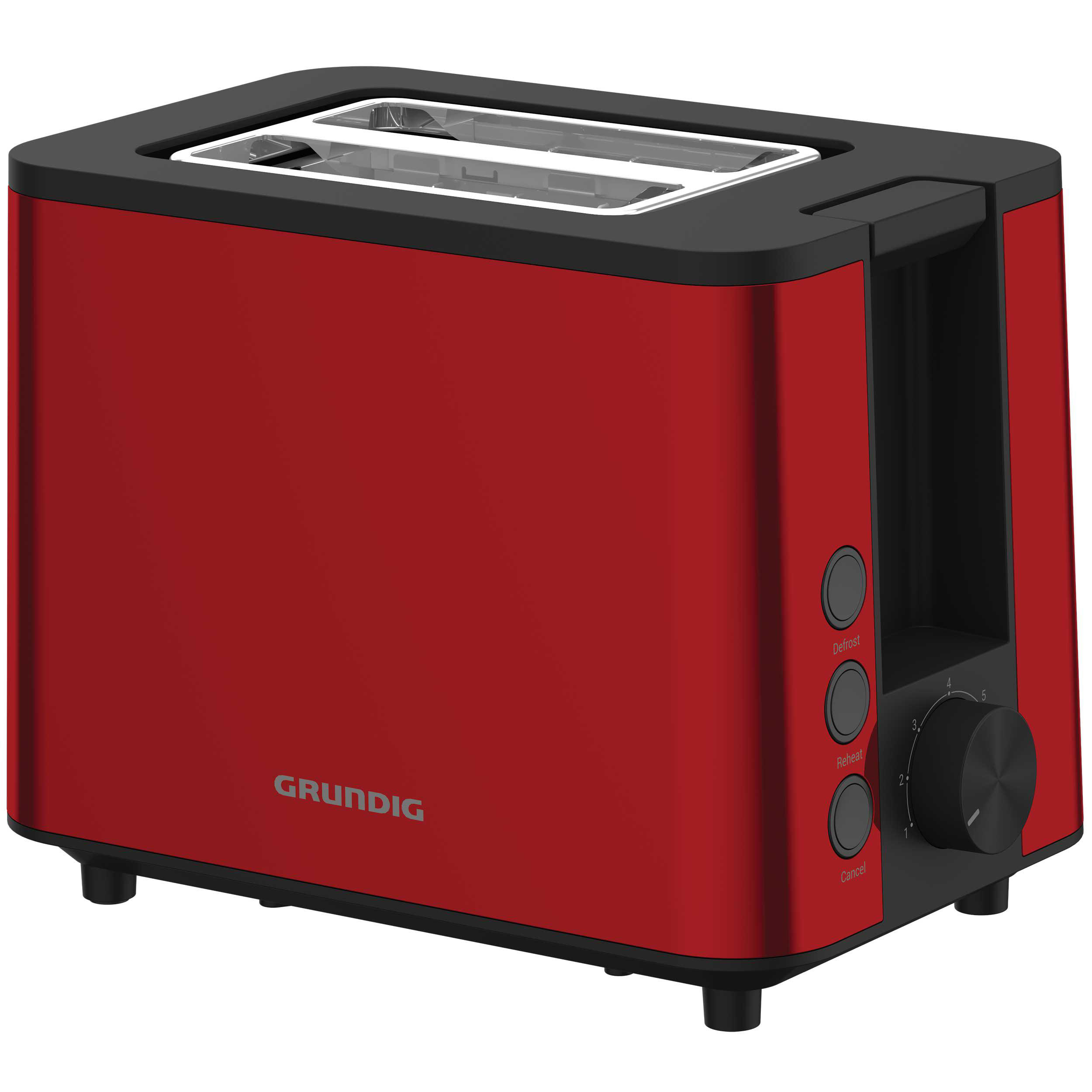 Ein rot-schwarzer Toaster mit Knöpfen und einem Drehregler. Der Markenname 'Grundig' ist sichtbar.