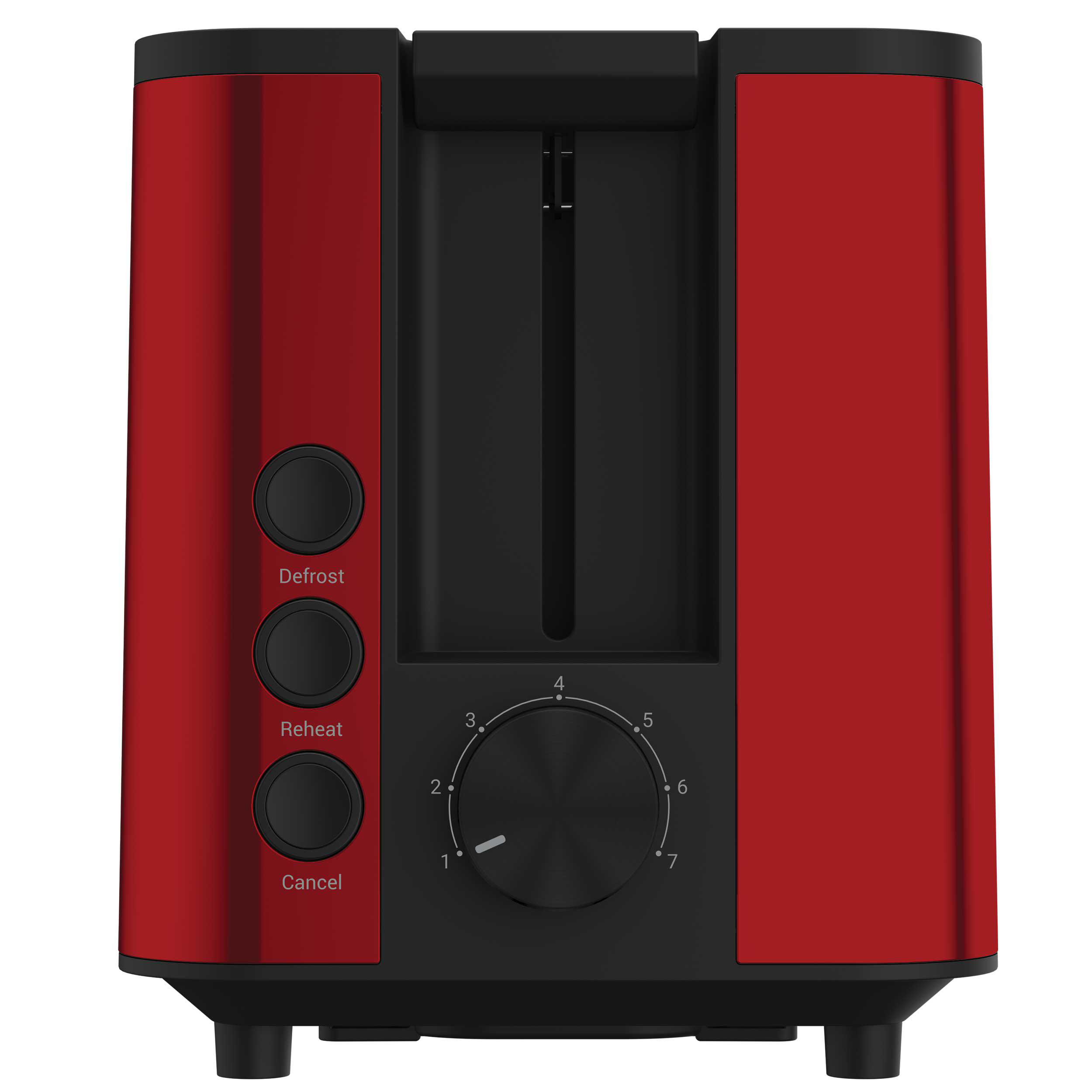 Ein roter Toaster mit schwarzen Akzenten. Er hat Tasten zum Auftauen, Aufwärmen und Abbrechen.