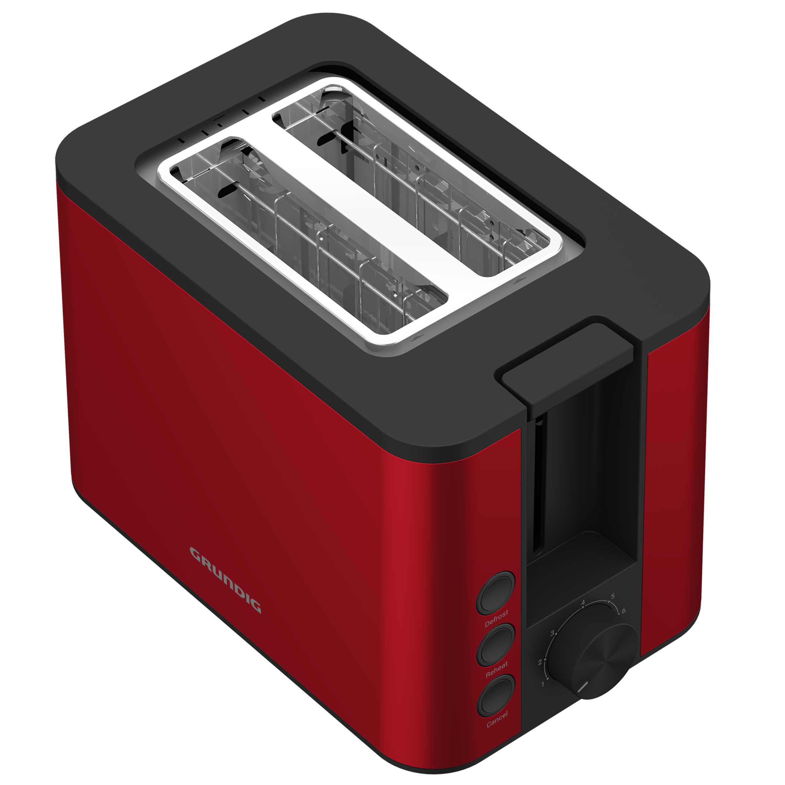 Ein rot-schwarzer Toaster mit zwei Schlitzen. Er hat ein Rad und Tasten für Auftauen, Aufwärmen und Abbrechen.