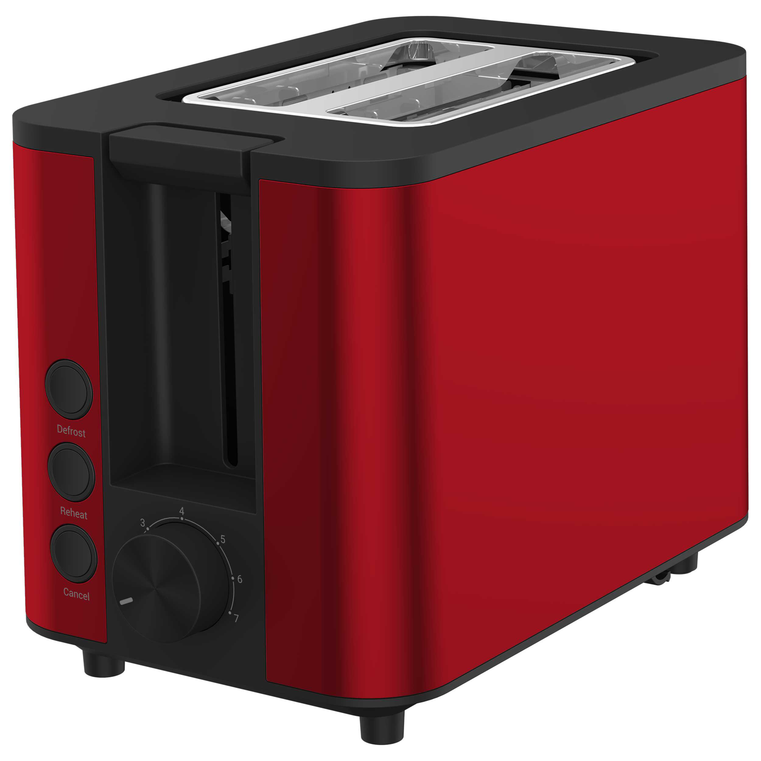 Ein rot-schwarzer Toaster. Er hat Steuertasten zum Auftauen, Aufwärmen und Abbrechen. Ein Drehregler steuert den Bräunungsgrad.