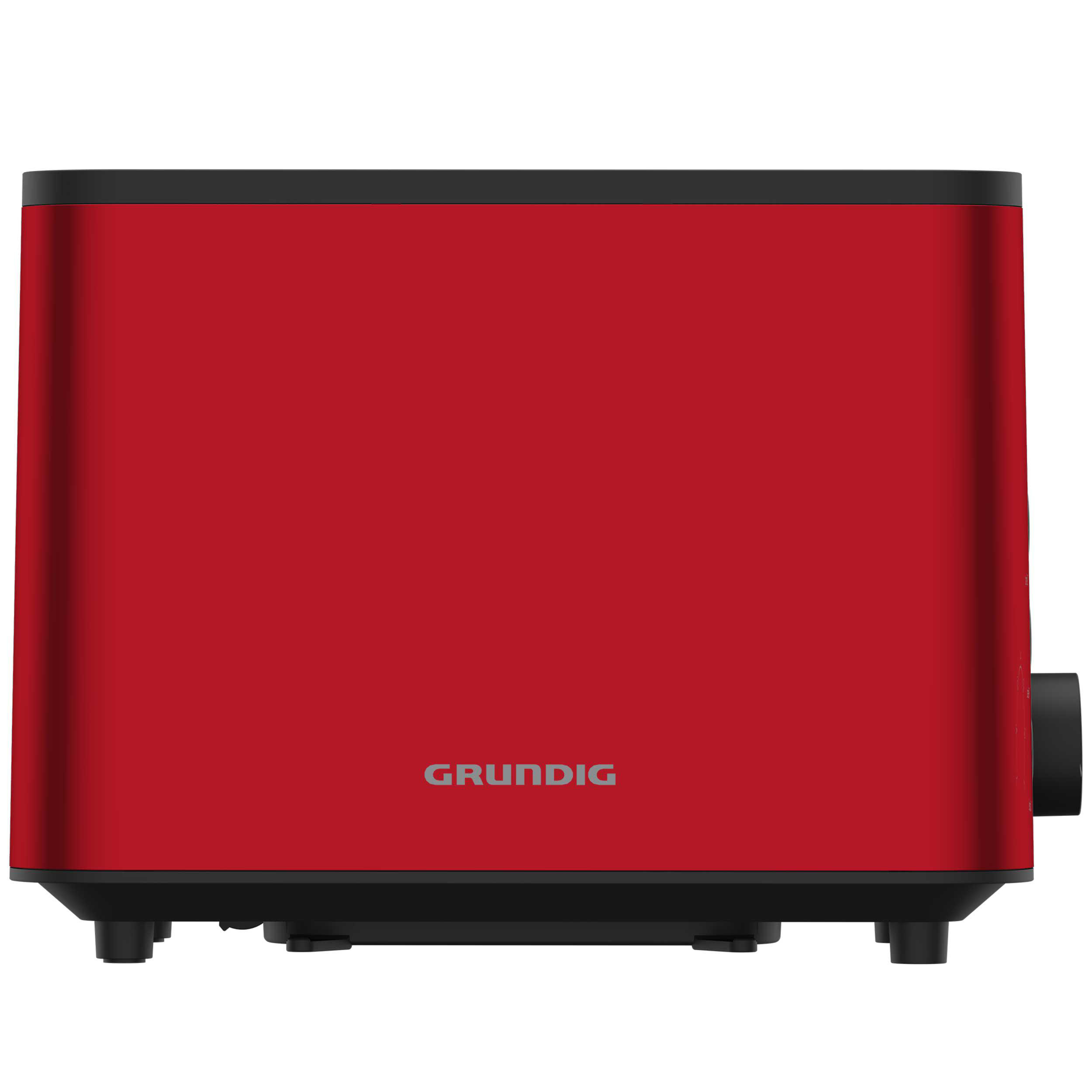 Ein roter Grundig-Toaster mit schwarzer Oberseite, Unterseite und Seitendetail. Der Markenname befindet sich vorne.