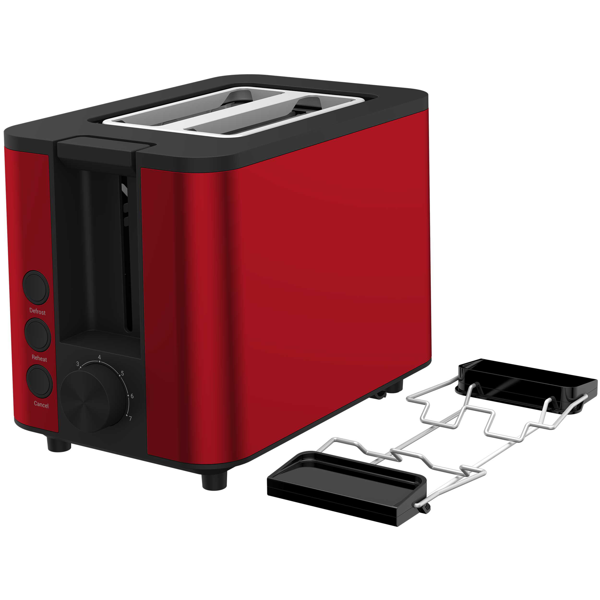Roter und schwarzer Toaster mit Krümelschublade. Er hat Tasten für Auftauen, Aufwärmen und Abbrechen. Das Einstellrad ist sichtbar.