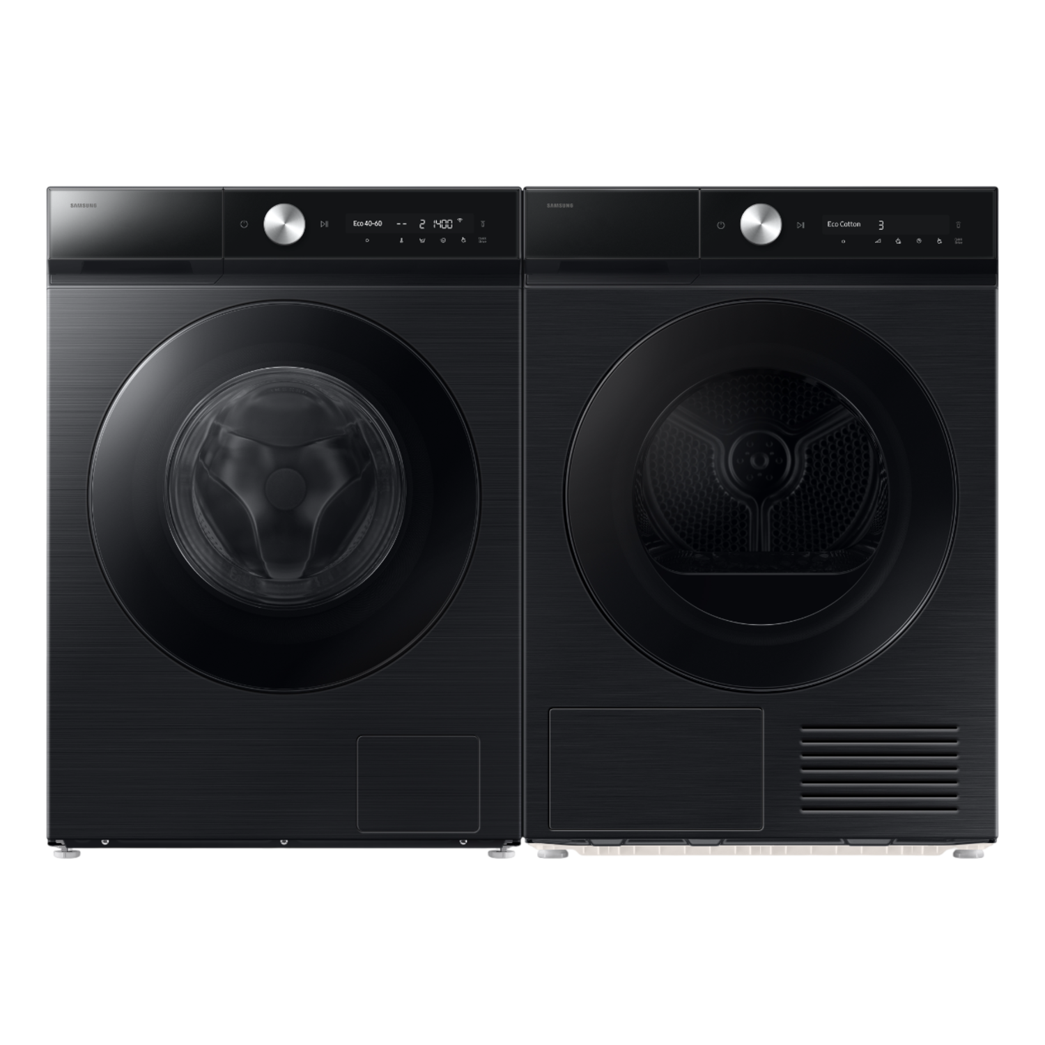 Black Samsung washer and dryer set. The left unit is a washing machine. The right unit is a dryer. Both have digital displays.