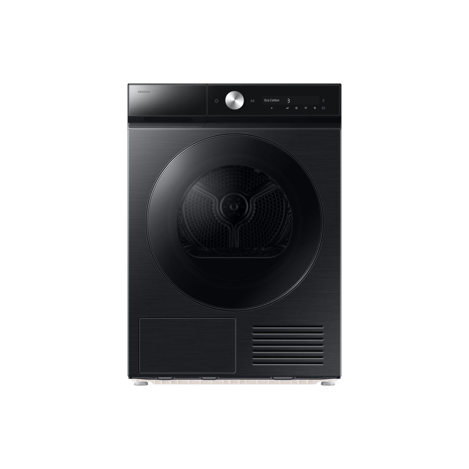 A black Samsung dryer with a round door and control panel. It has a digital display and various buttons.
