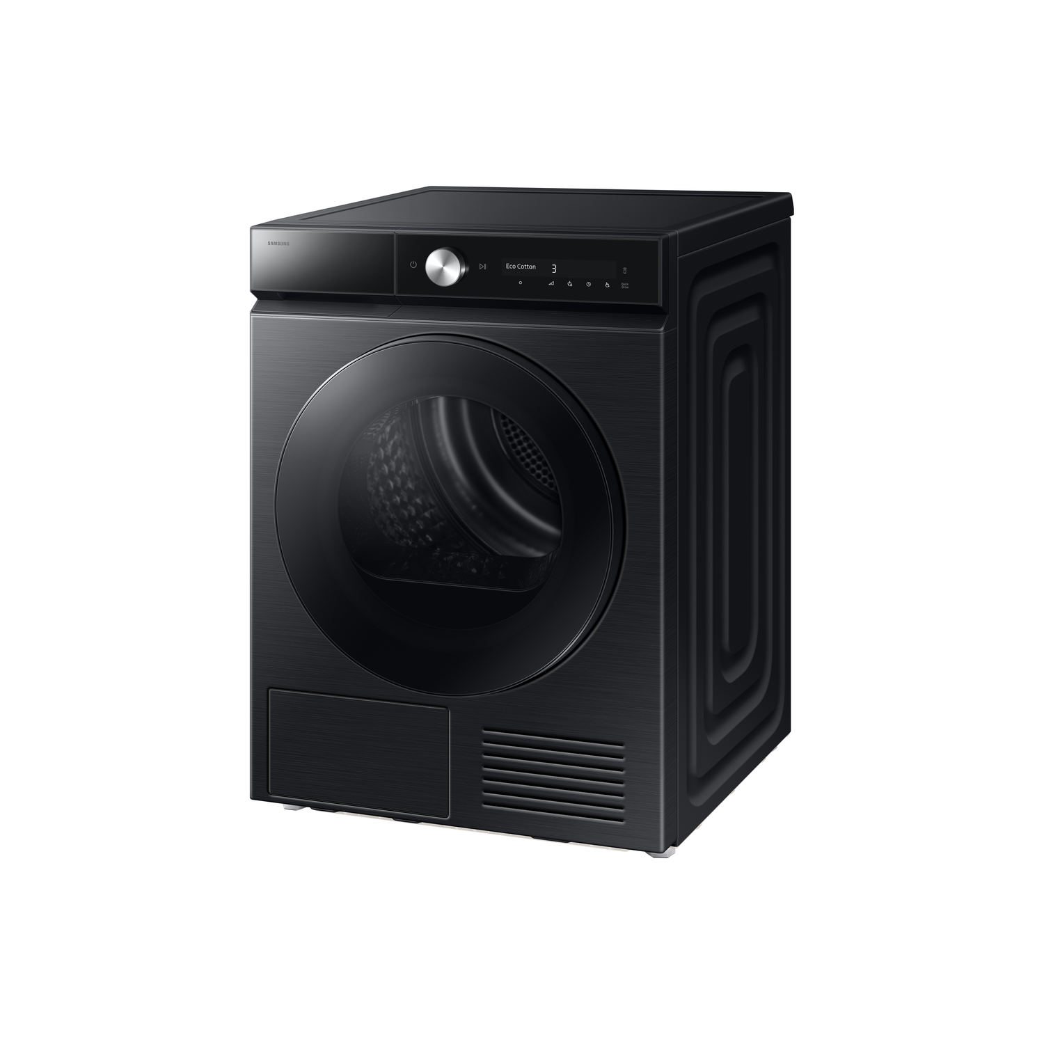 A black Samsung dryer. It has a round door and a control panel on top. The dryer is on a white background.