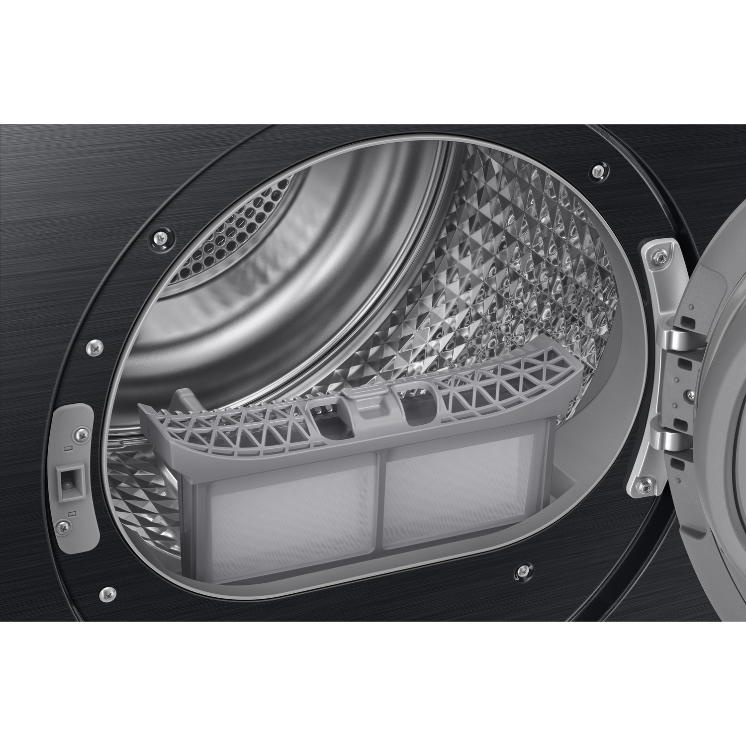 Open dryer door. Inside, a gray lint filter is visible. The drum is stainless steel. The door has a black finish.