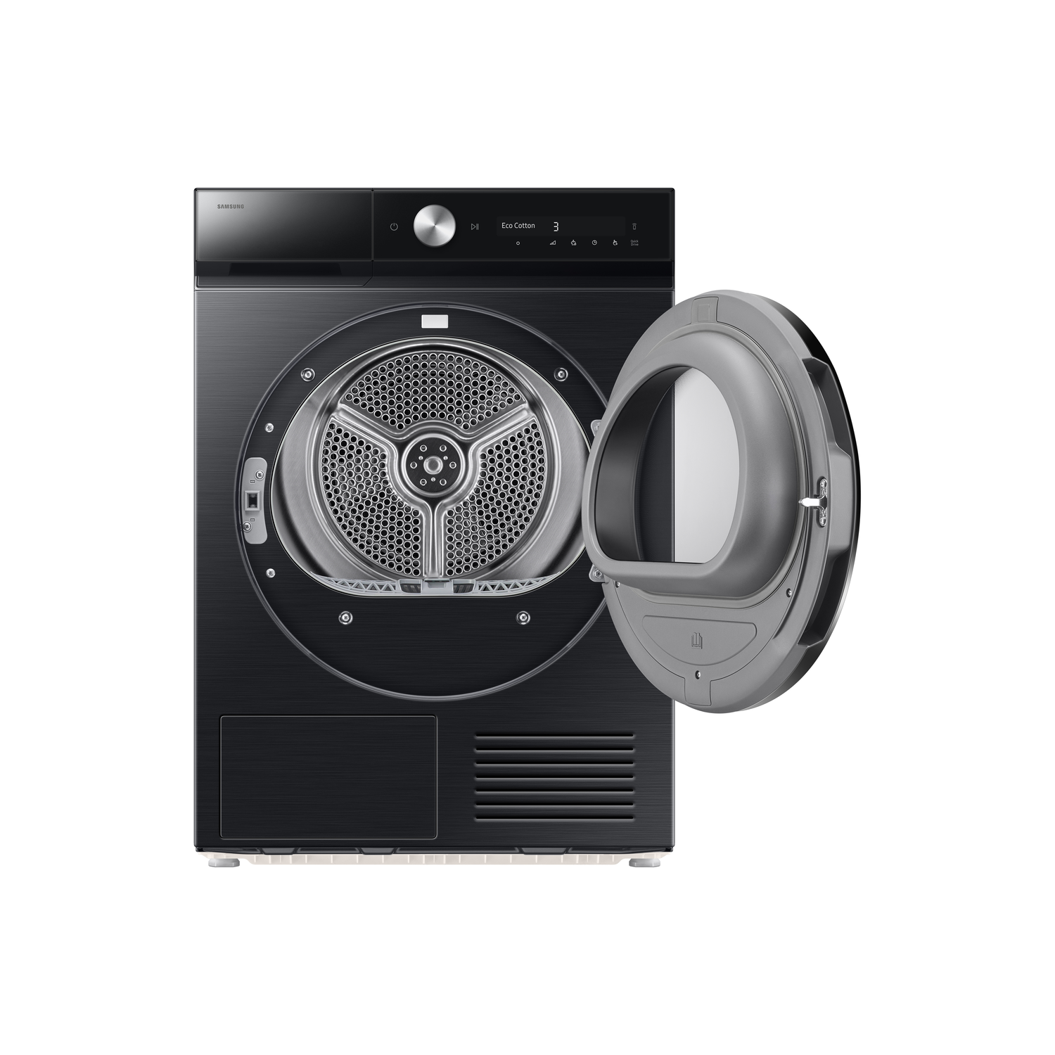 Black Samsung dryer with open door. Inside, a metallic drum is visible. Controls are at top. Dryer sits on a white surface.