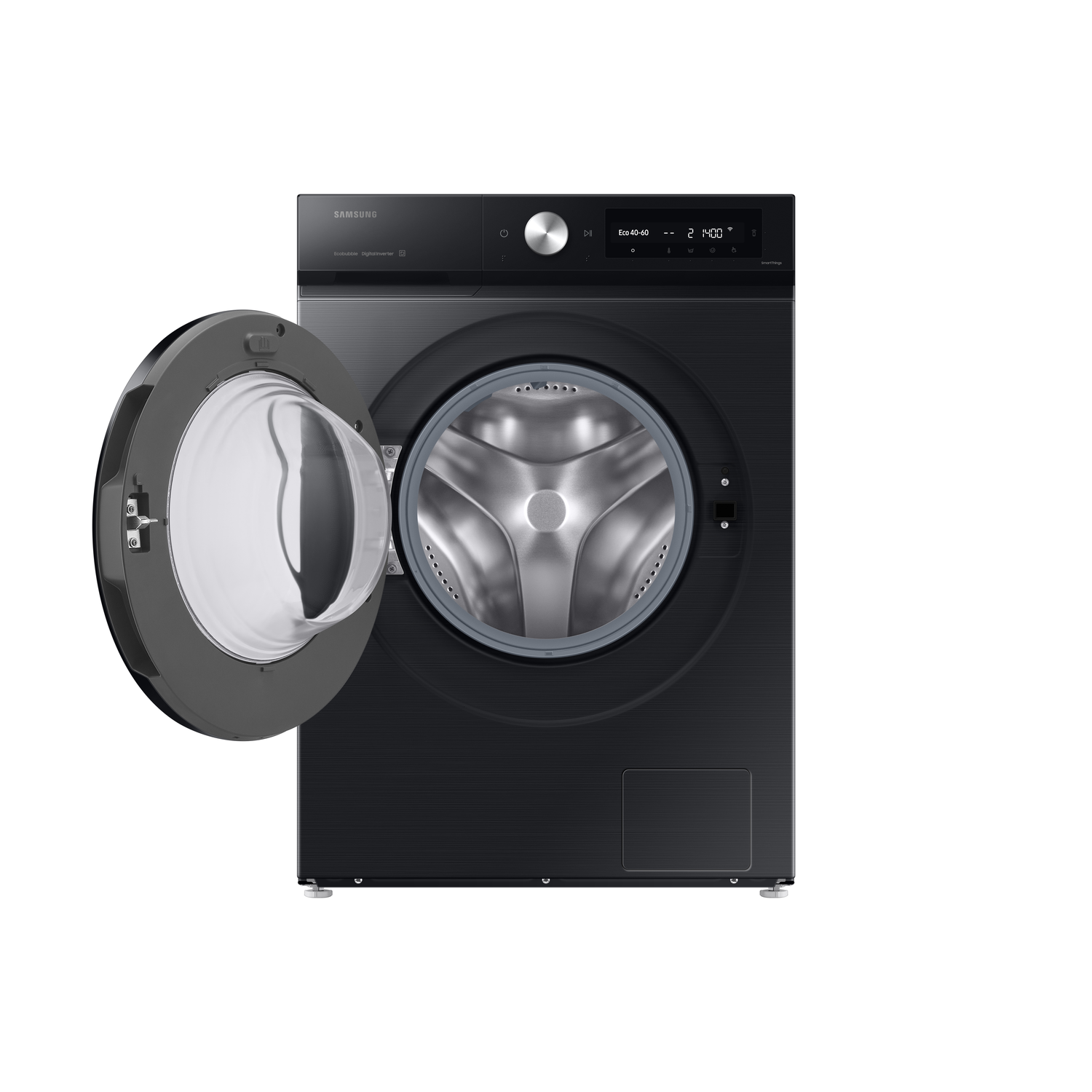 A black Samsung washing machine with an open door. The drum is visible. The control panel is on top.