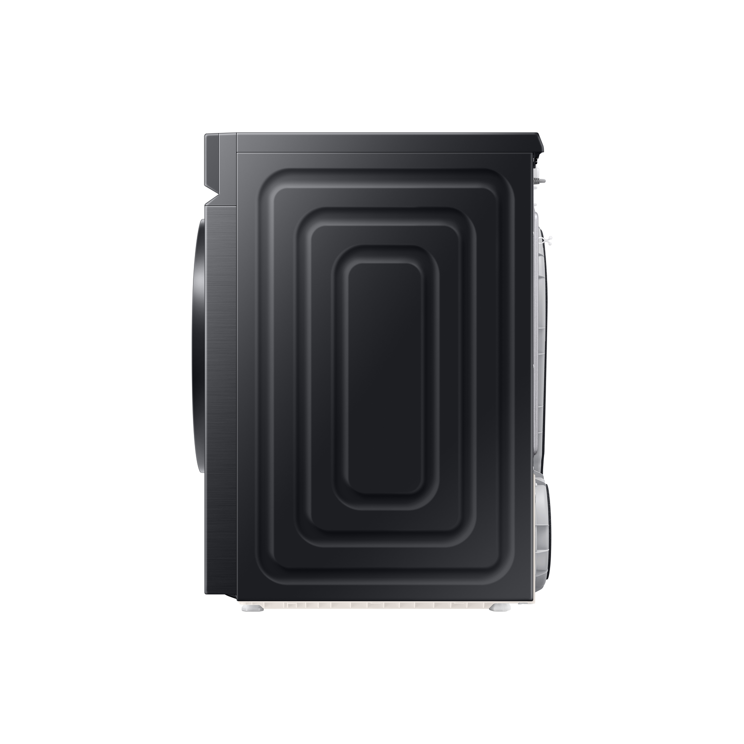 A black washing machine is shown in profile. The machine has a rounded front and a rectangular back with recessed panels.