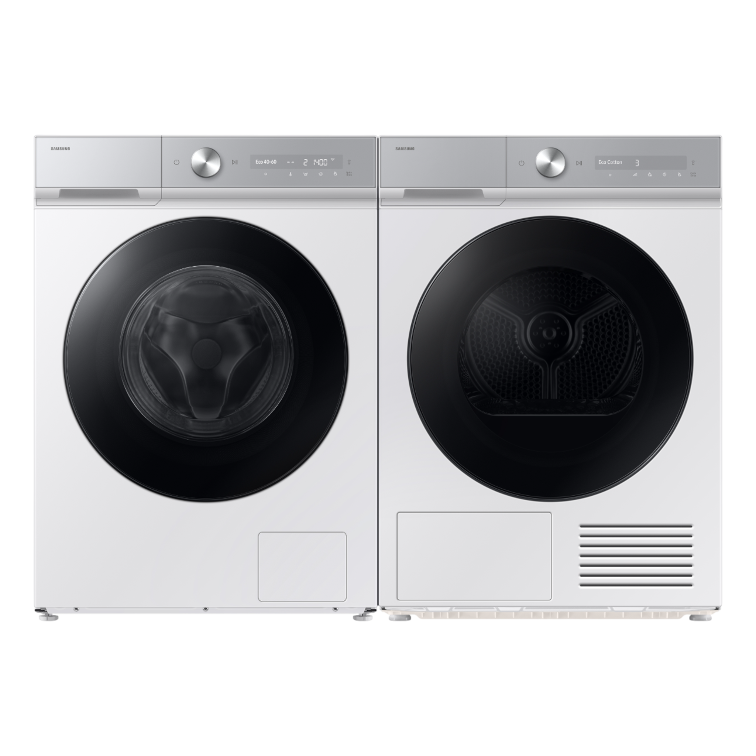 Two white Samsung washing machines and dryers. The left one is a washer, the right one is a dryer. Both have black doors.
